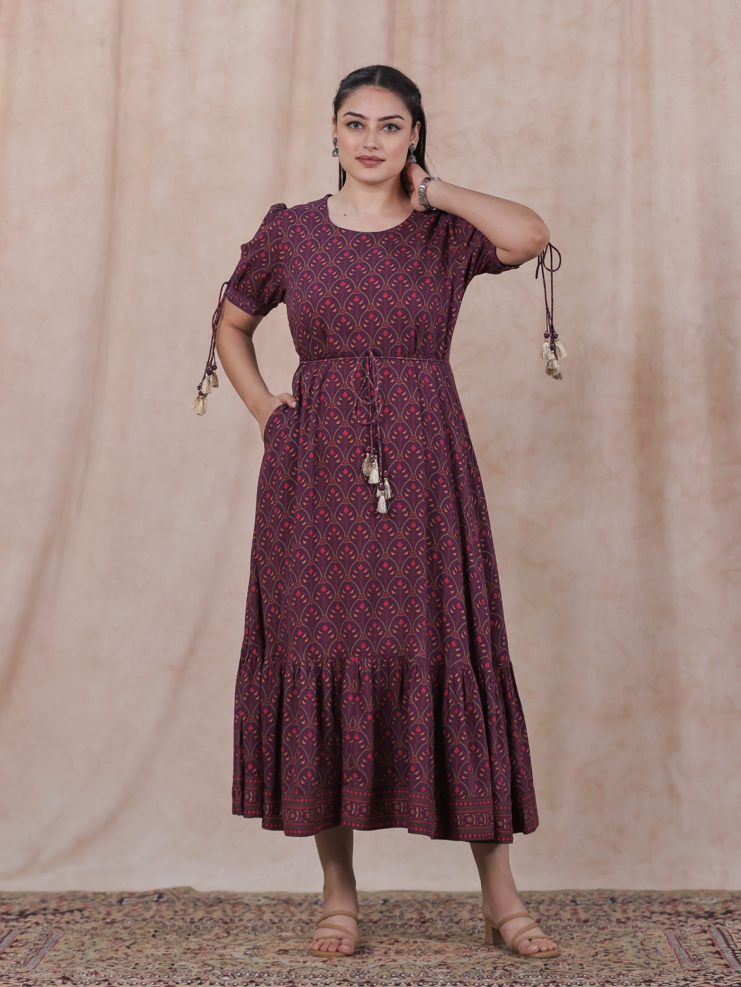 Viscose Floral Flared Wine Dress
