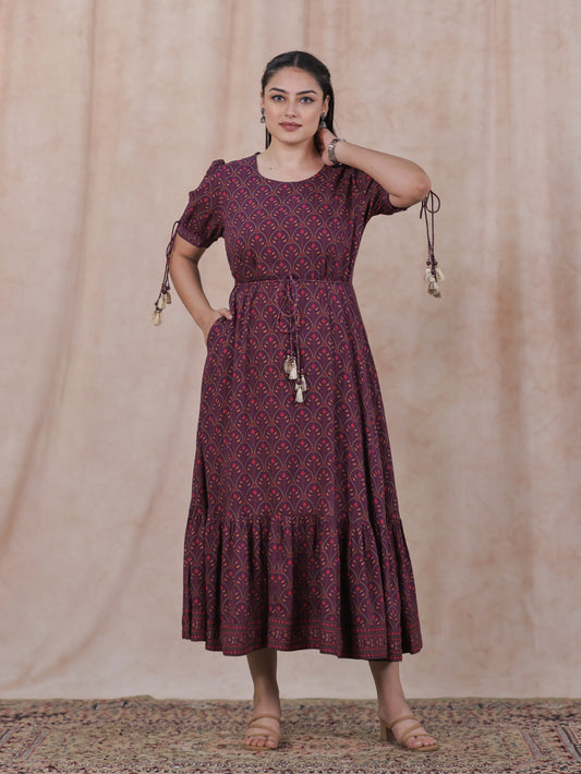 Viscose Floral Flared Wine Dress