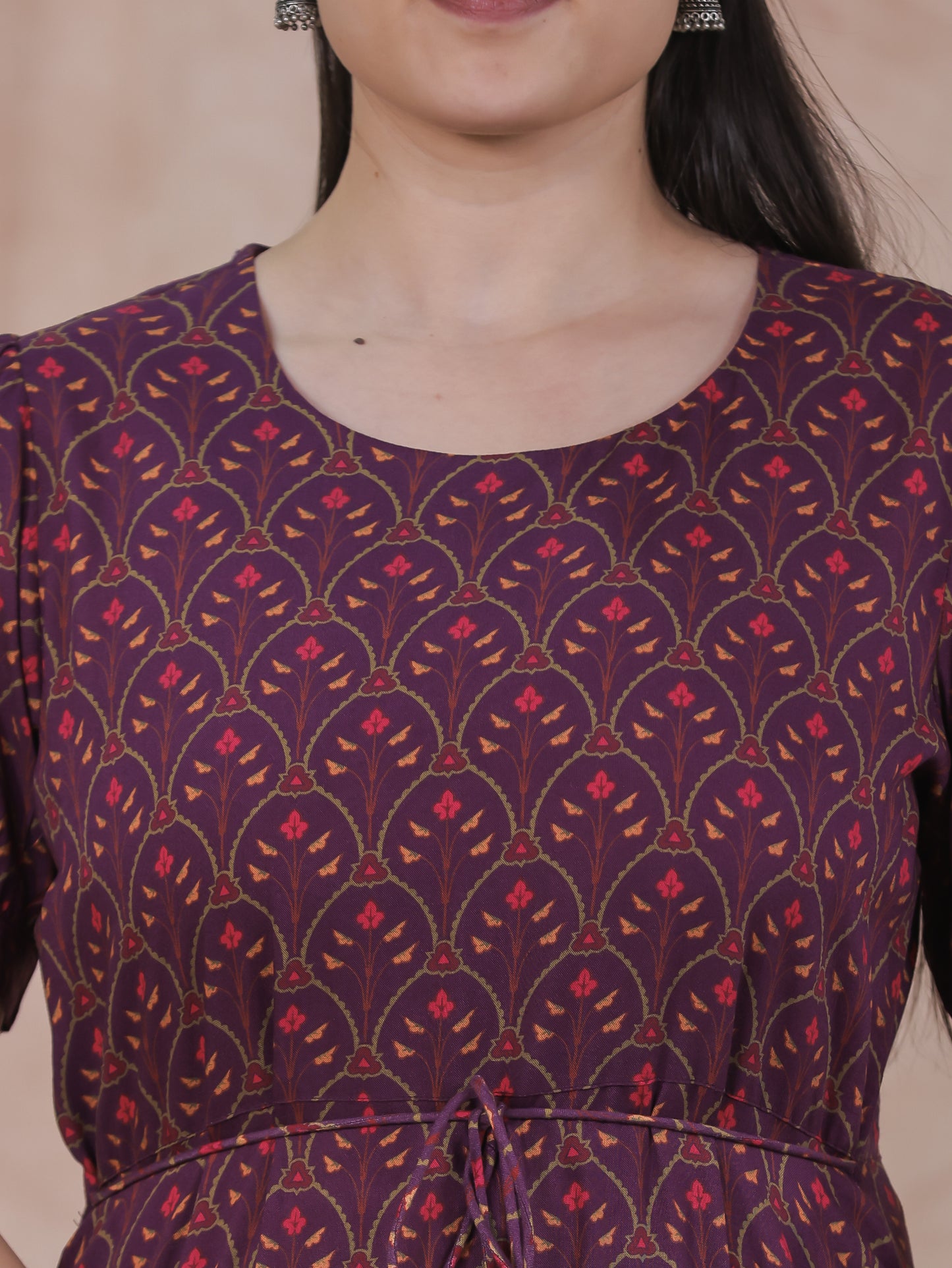 Viscose Floral Flared Wine Dress