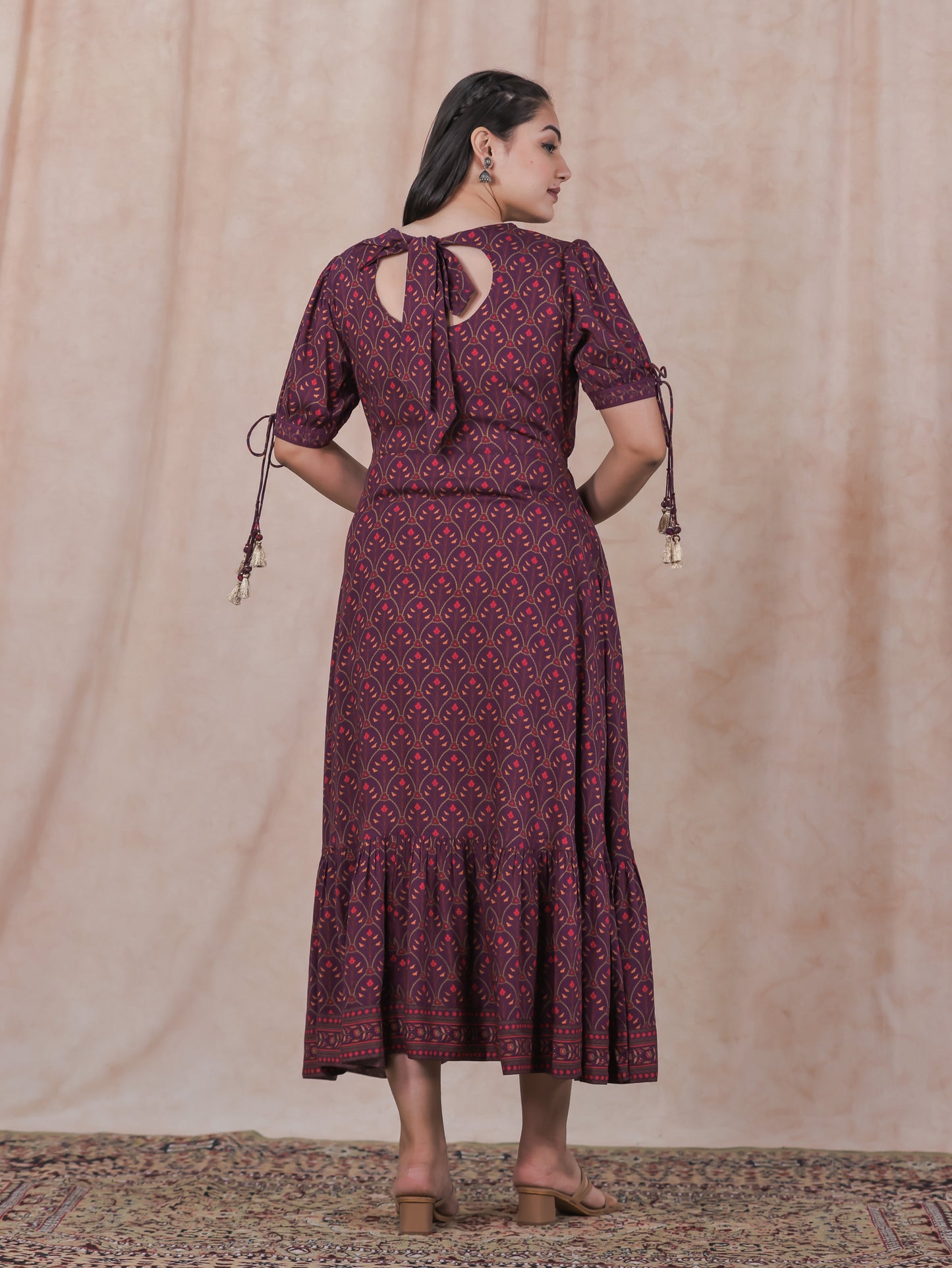 Viscose Floral Flared Wine Dress