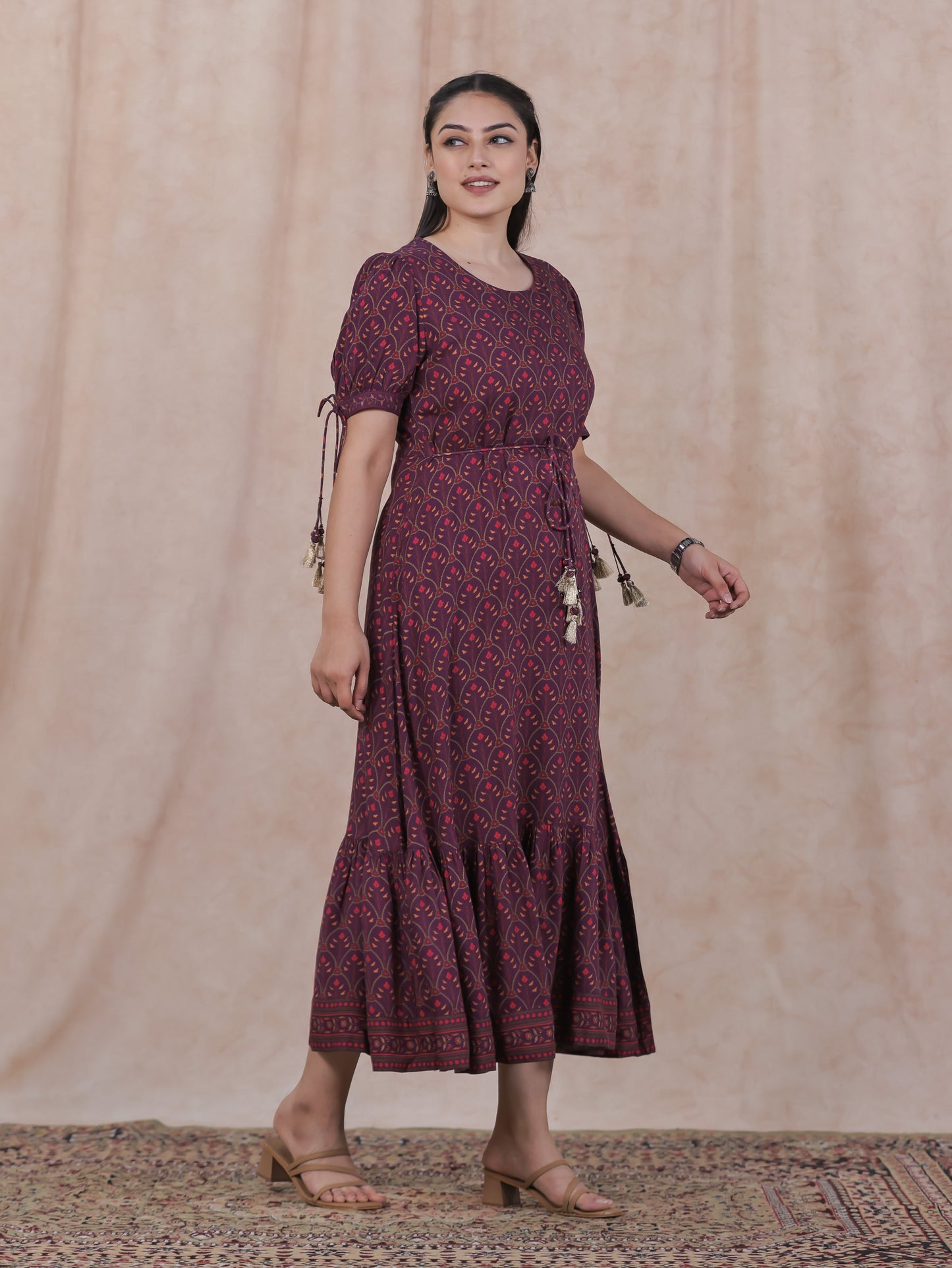 Viscose Floral Flared Wine Dress