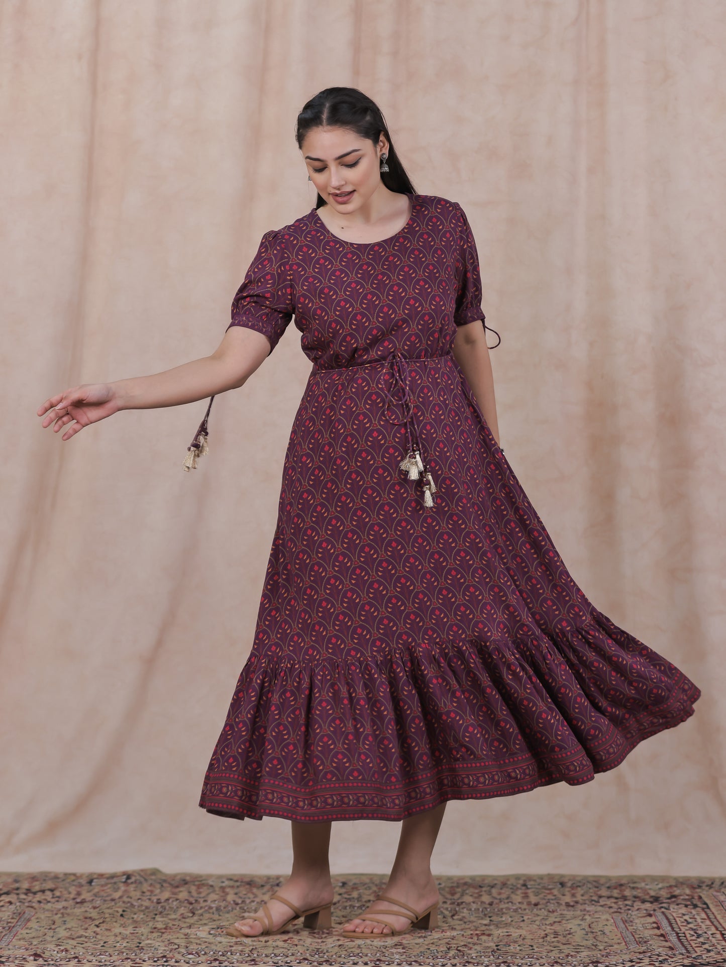 Viscose Floral Flared Wine Dress