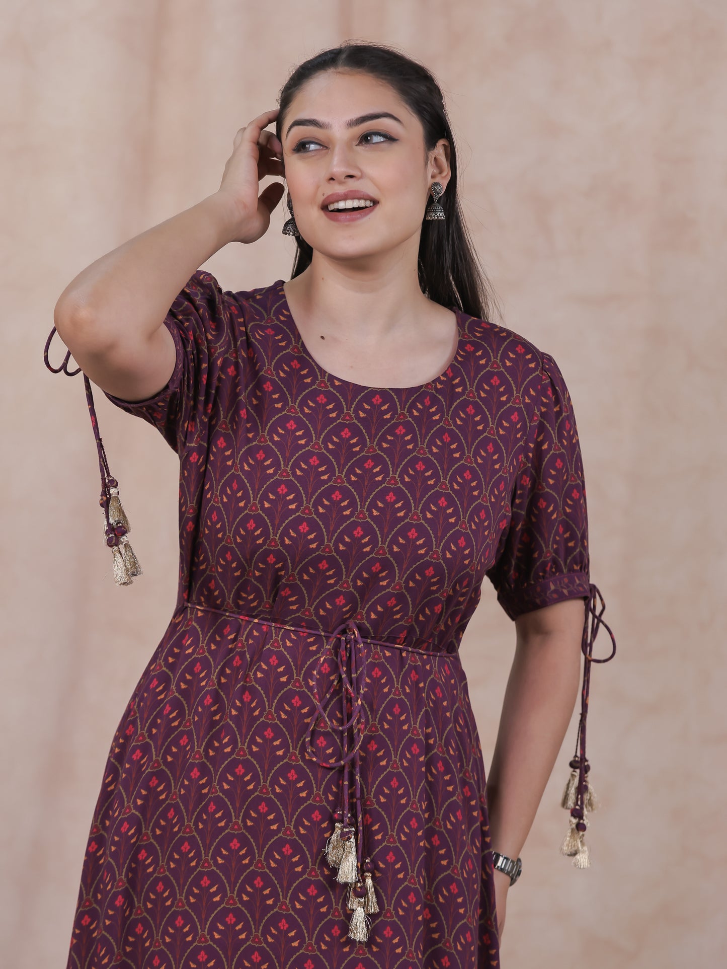 Viscose Floral Flared Wine Dress