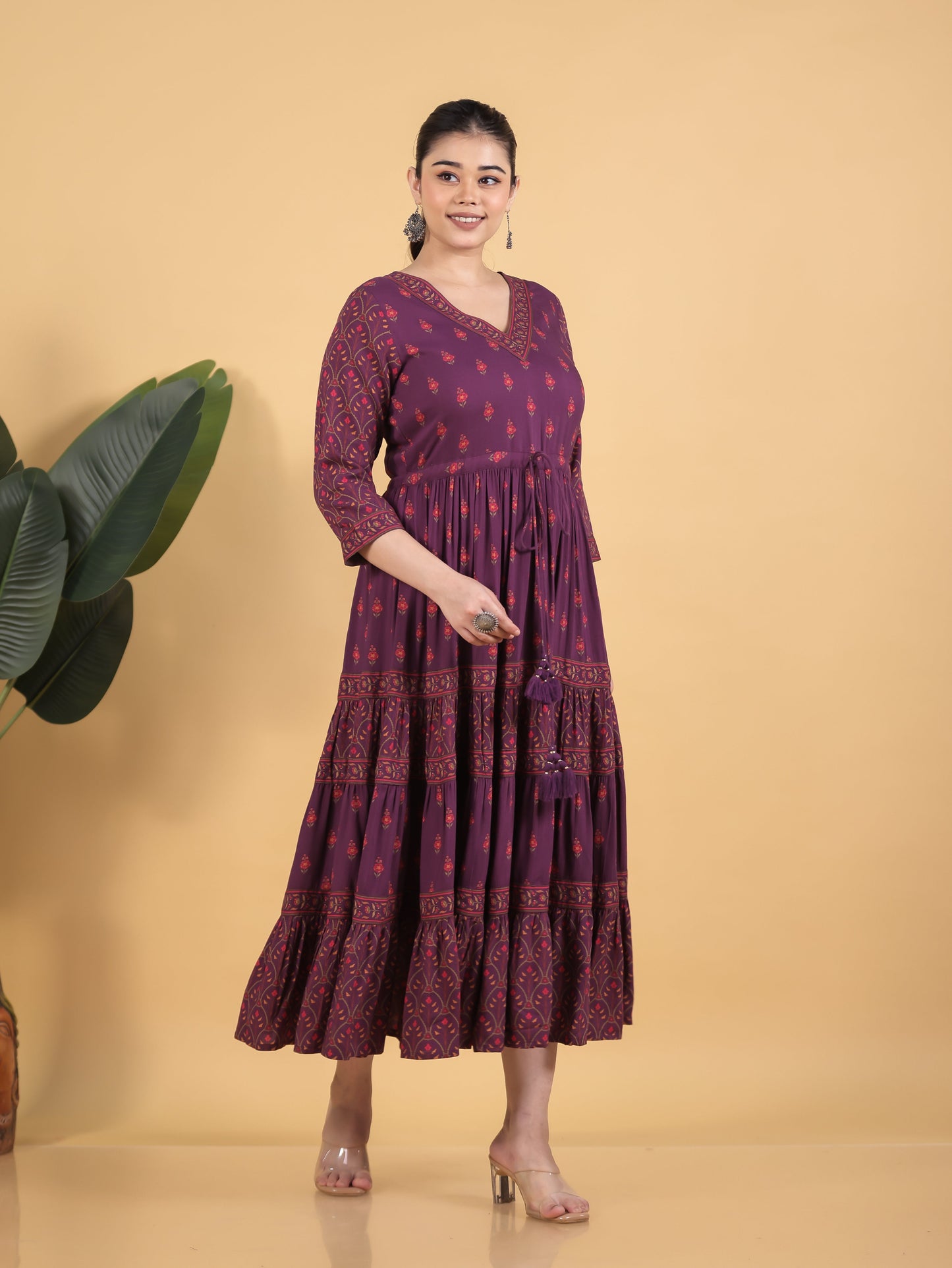 Viscose Floral Anarkali Wine Dress