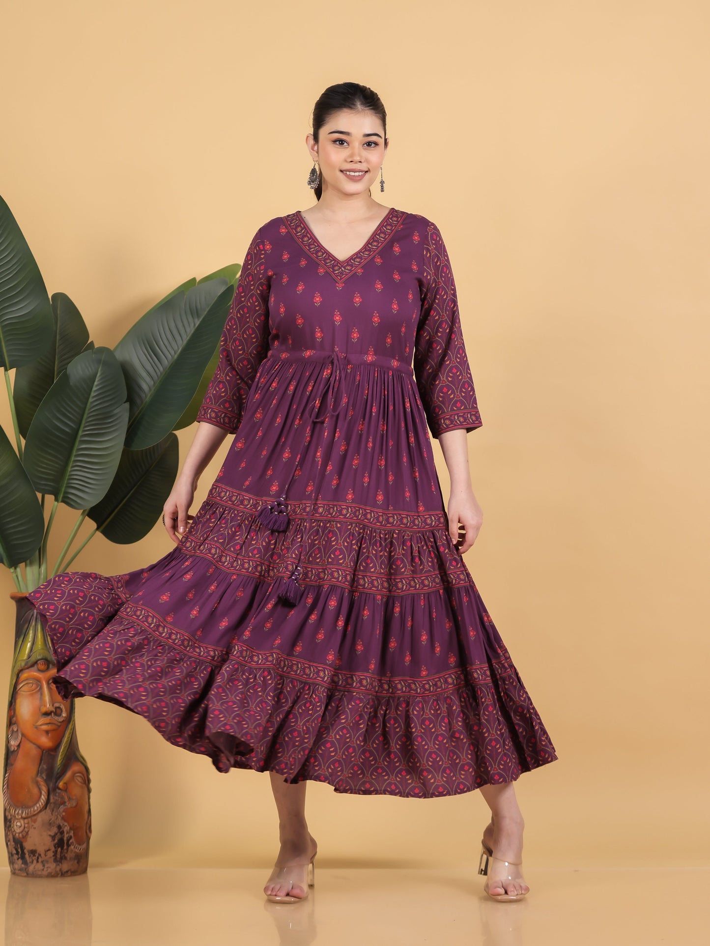 Viscose Floral Anarkali Wine Dress
