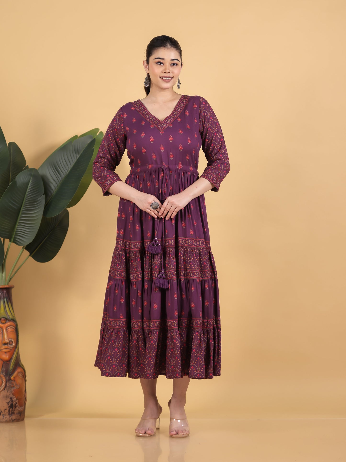 Viscose Floral Anarkali Wine Dress