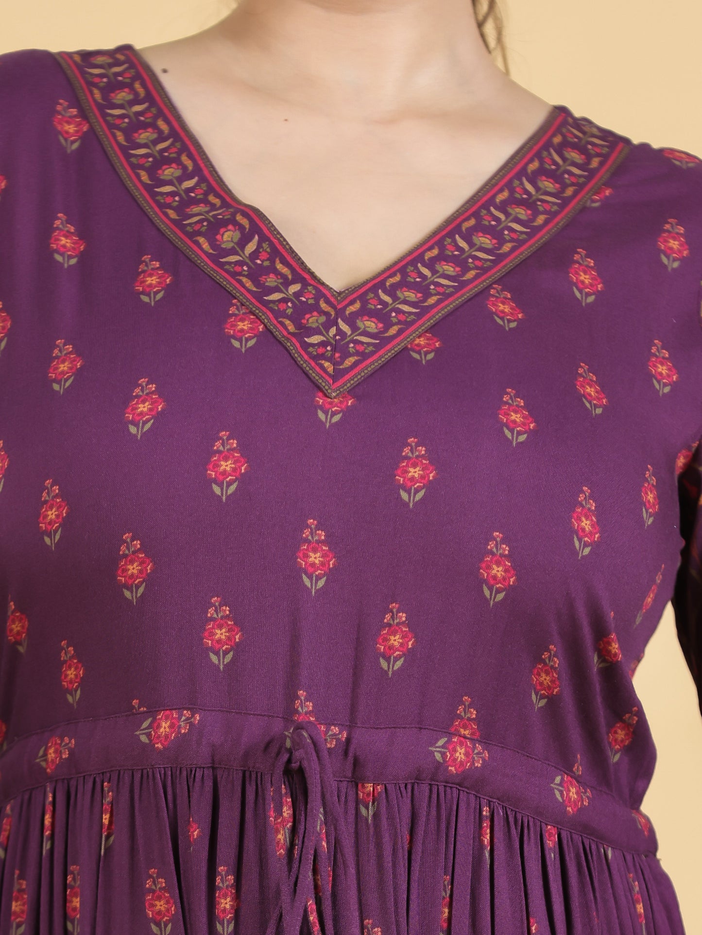 Viscose Floral Anarkali Wine Dress