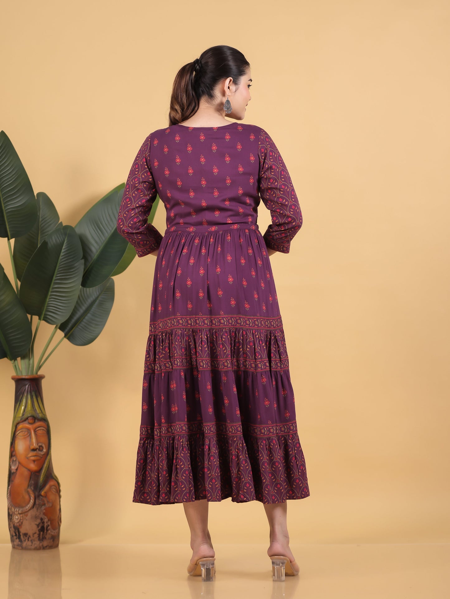 Viscose Floral Anarkali Wine Dress