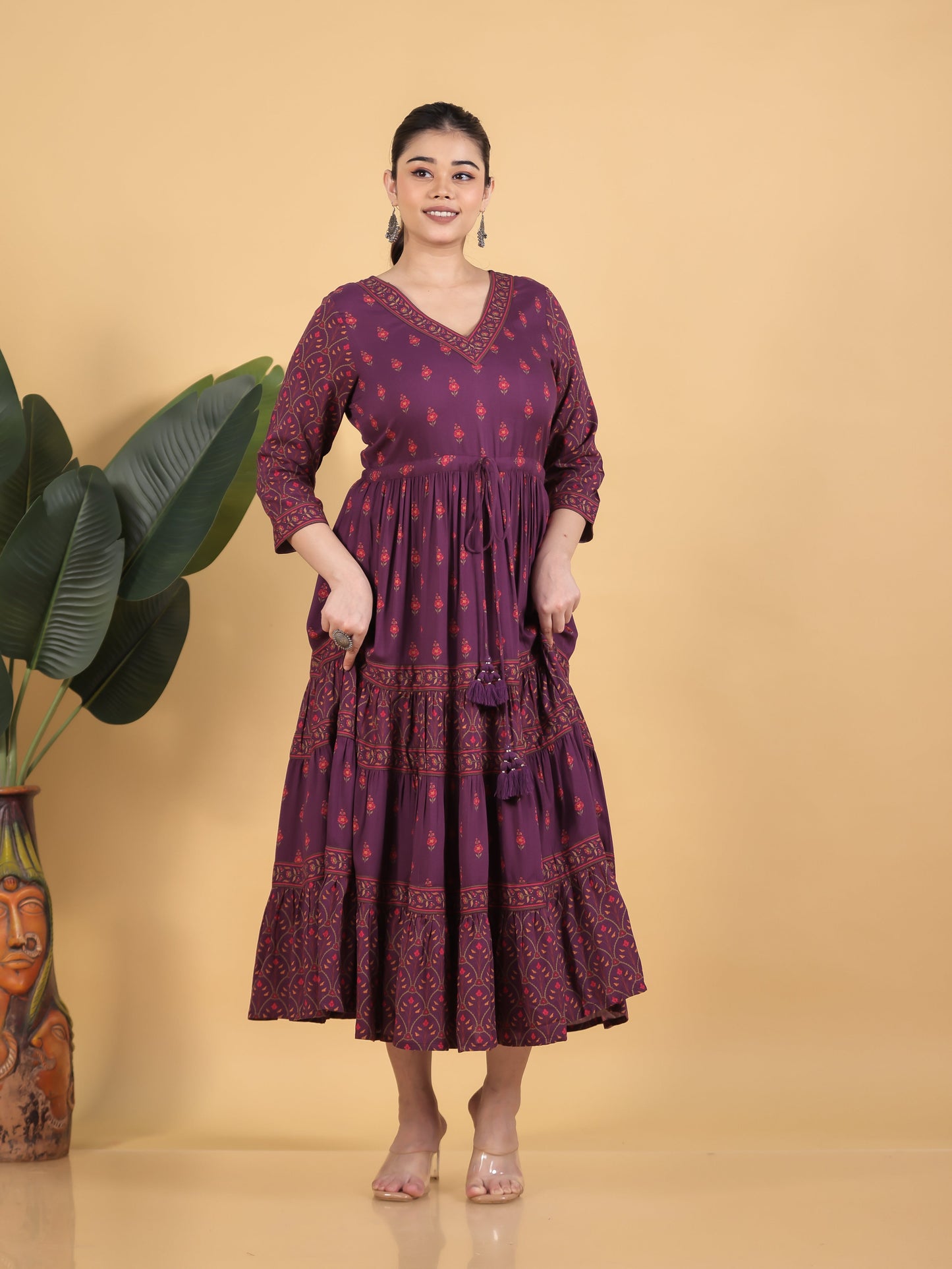 Viscose Floral Anarkali Wine Dress