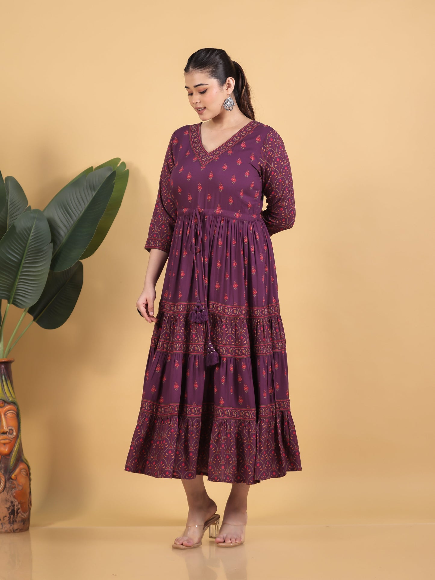 Viscose Floral Anarkali Wine Dress