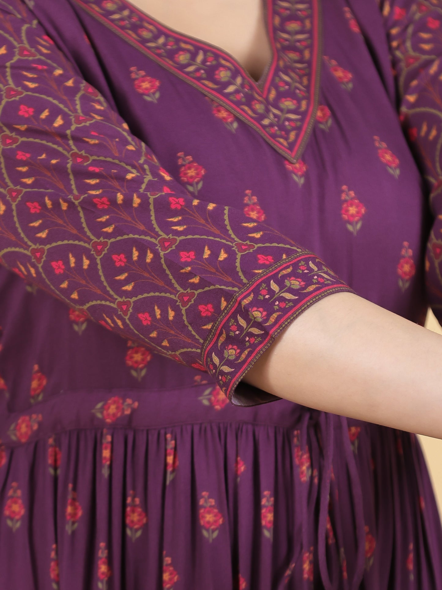 Viscose Floral Anarkali Wine Dress