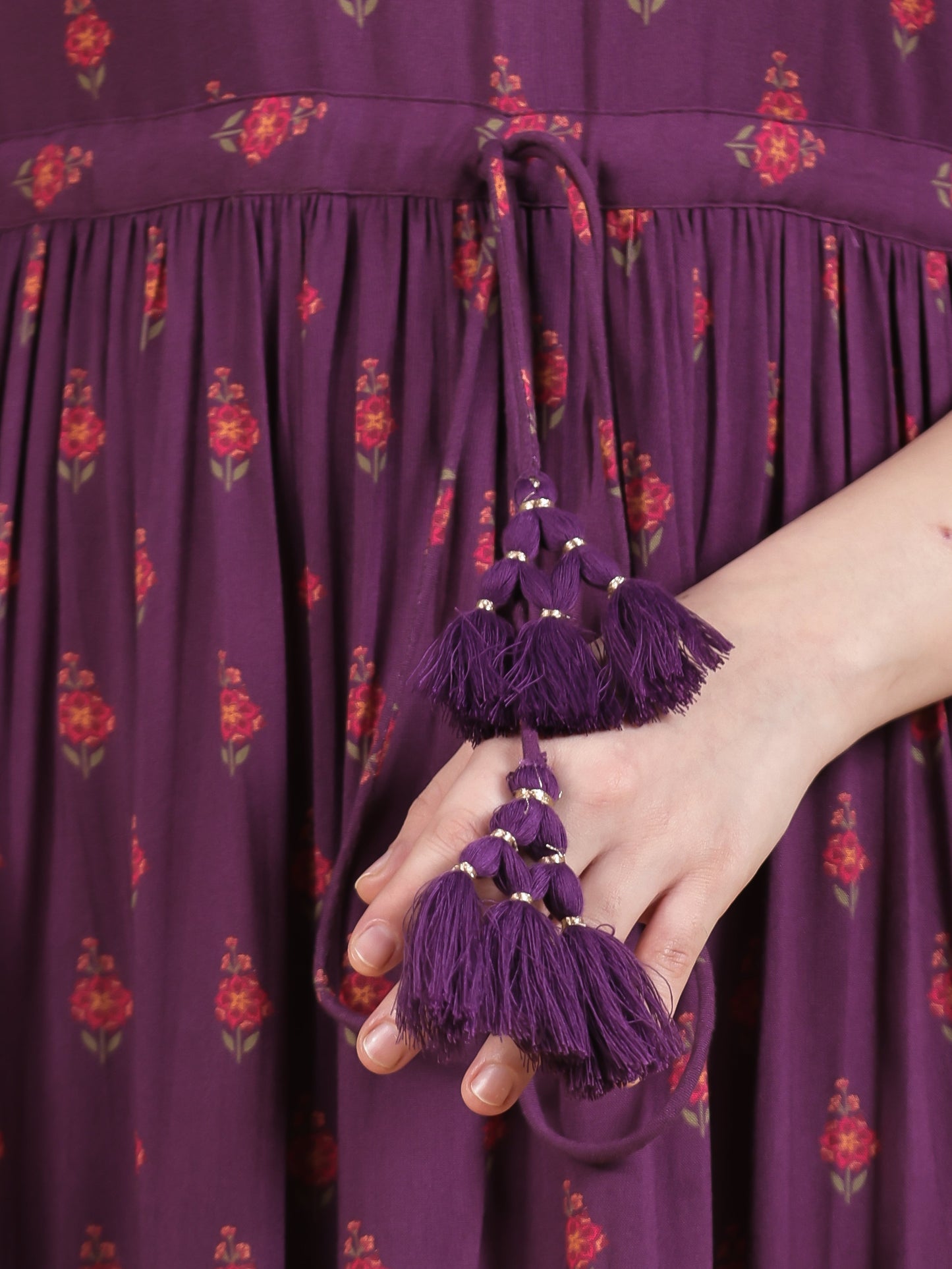 Viscose Floral Anarkali Wine Dress