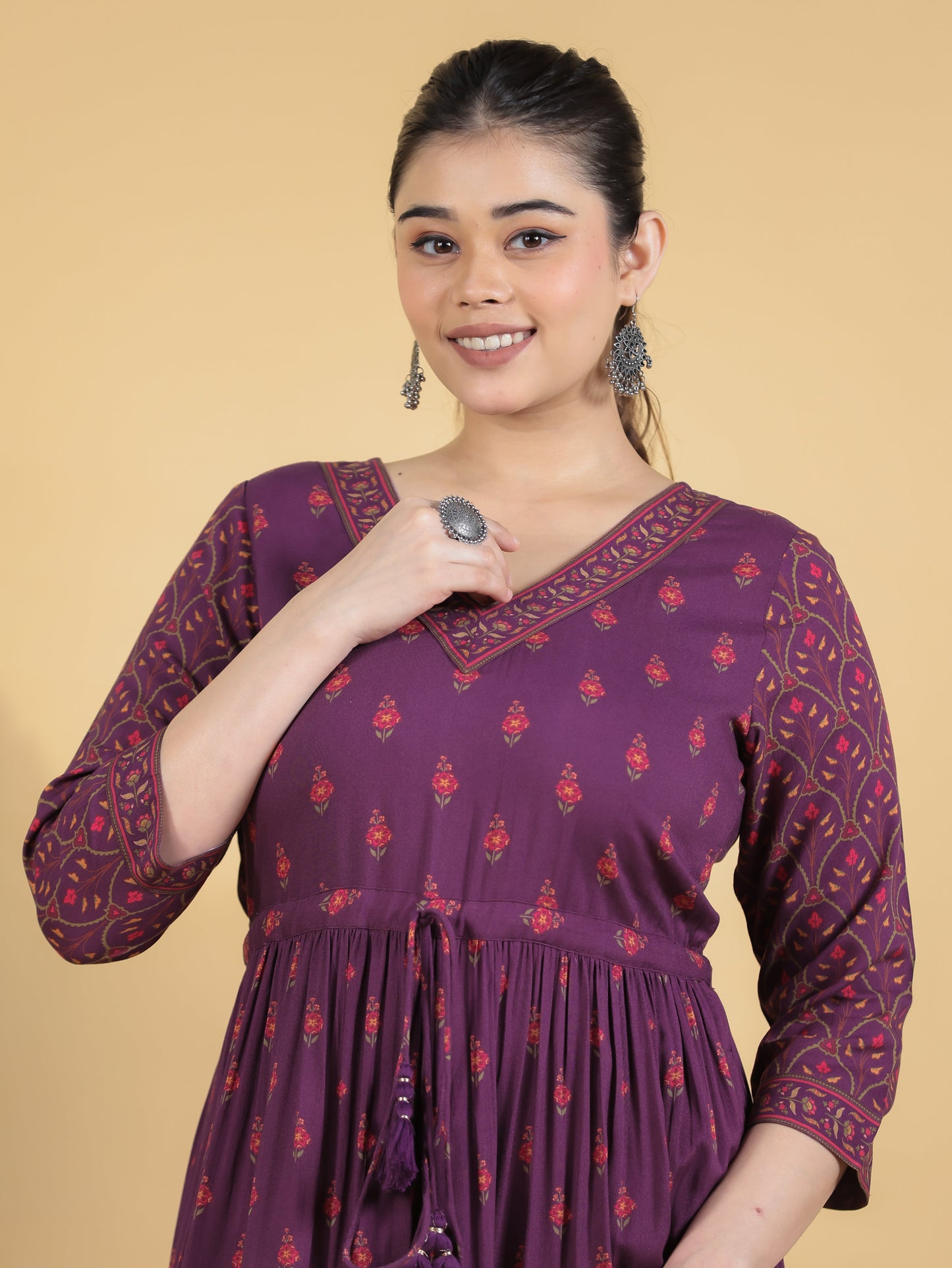 Viscose Floral Anarkali Wine Dress