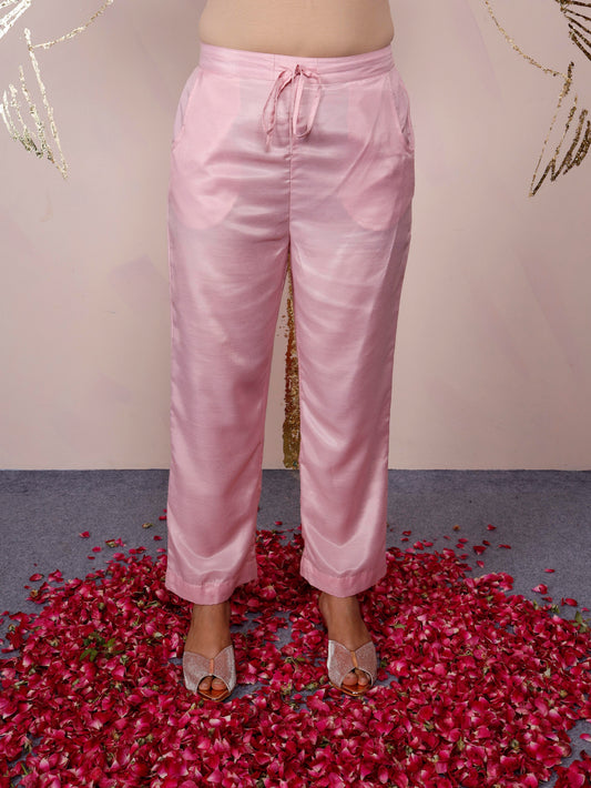 Blended Silk Solid Baby Pink Straight Trousers