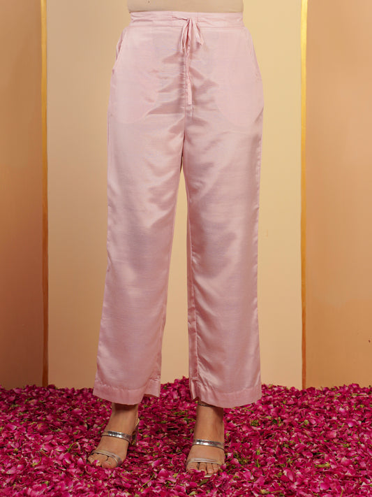 Blended Silk Solid Baby Pink Straight Trousers