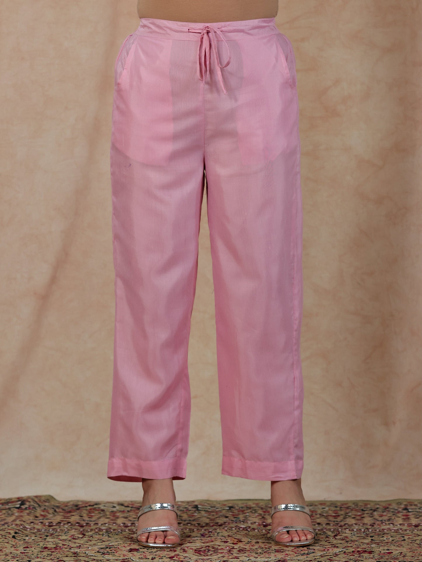 Blended Silk Solid Baby Pink Straight Trousers