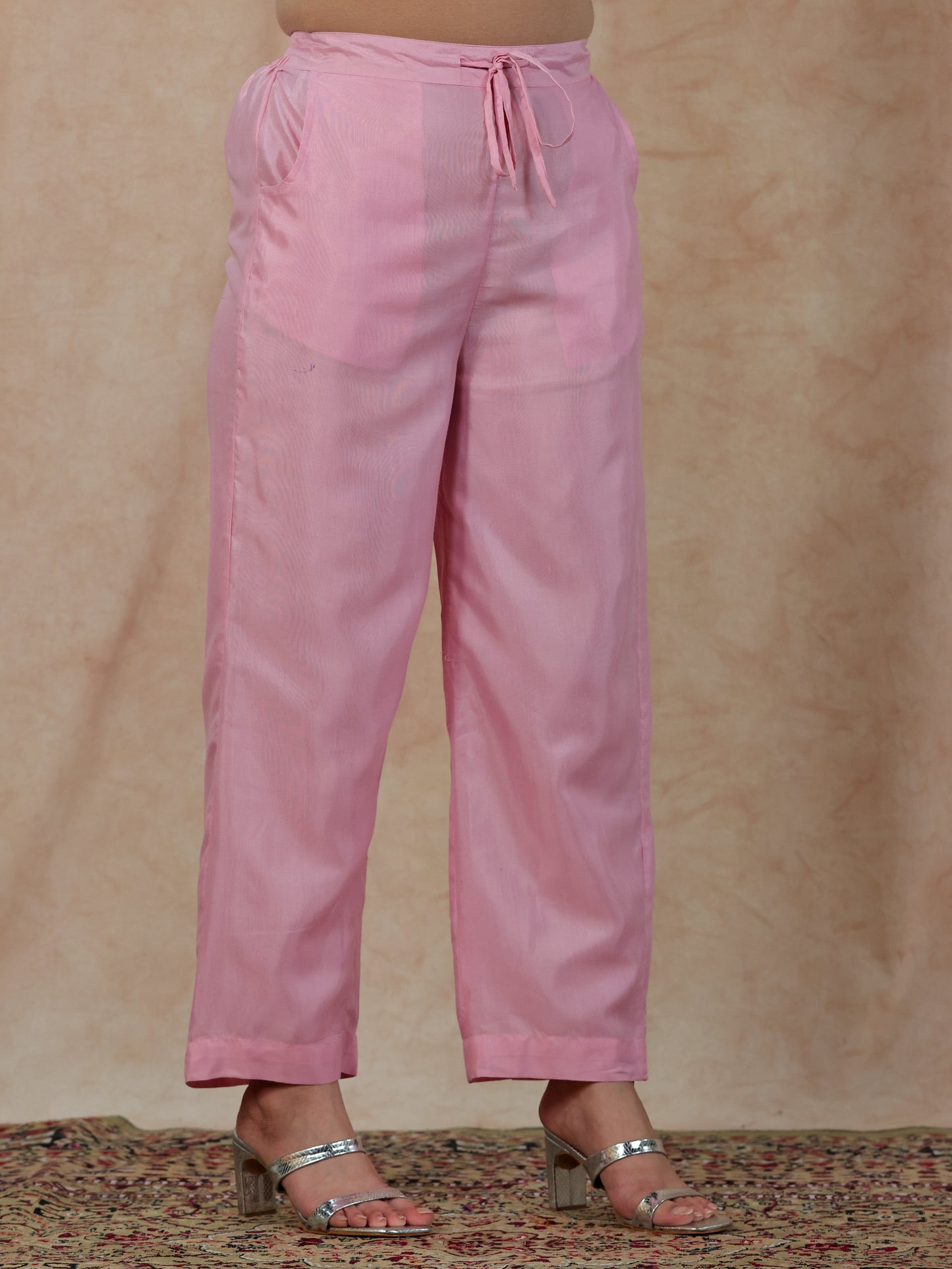 Blended Silk Solid Baby Pink Straight Trousers