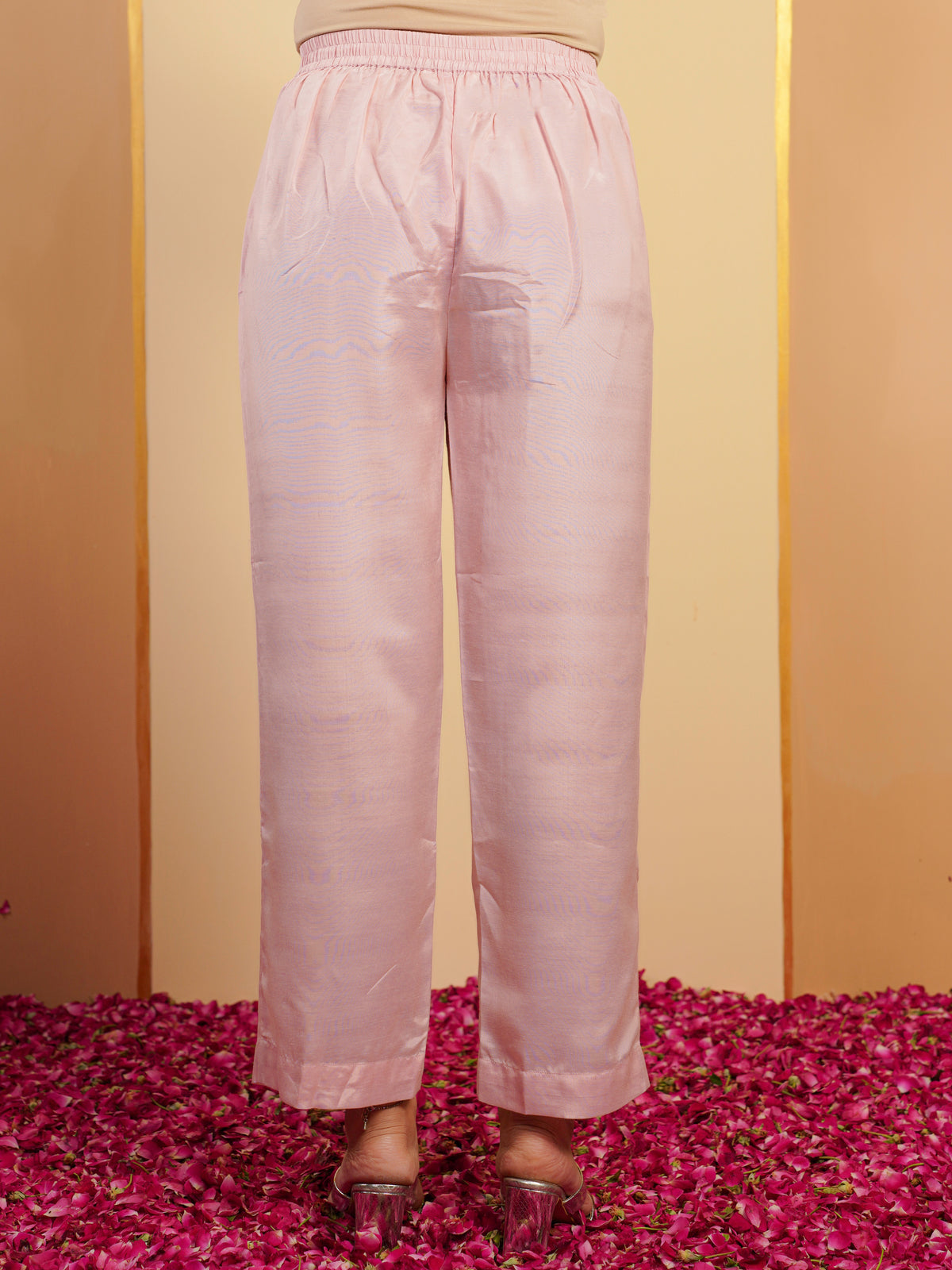 Blended Silk Solid Baby Pink Straight Trousers