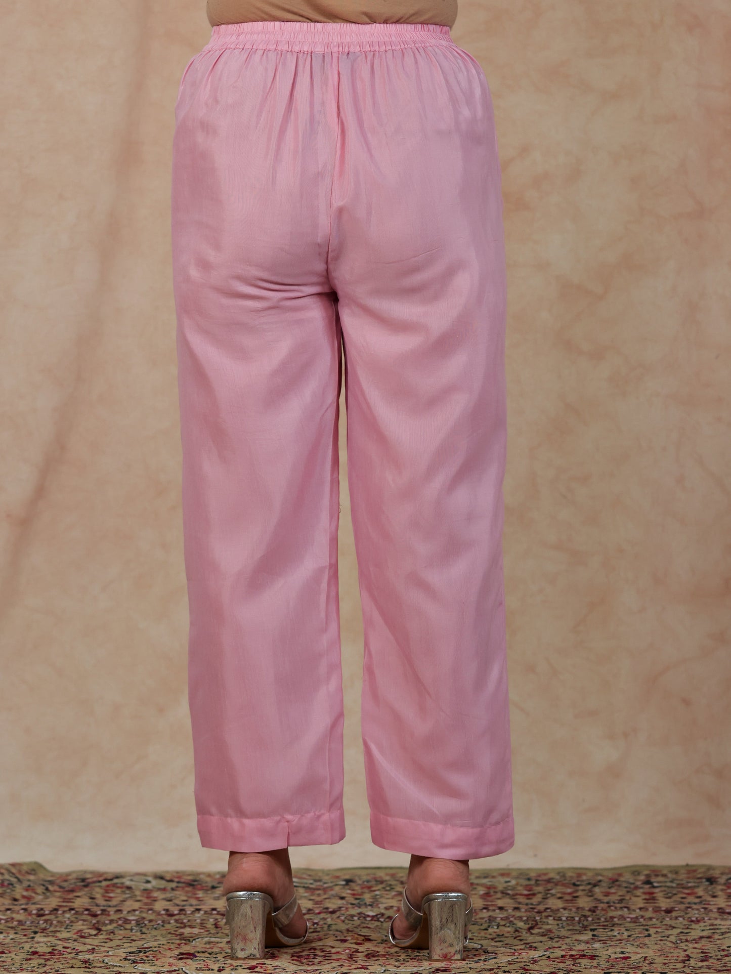 Blended Silk Solid Baby Pink Straight Trousers