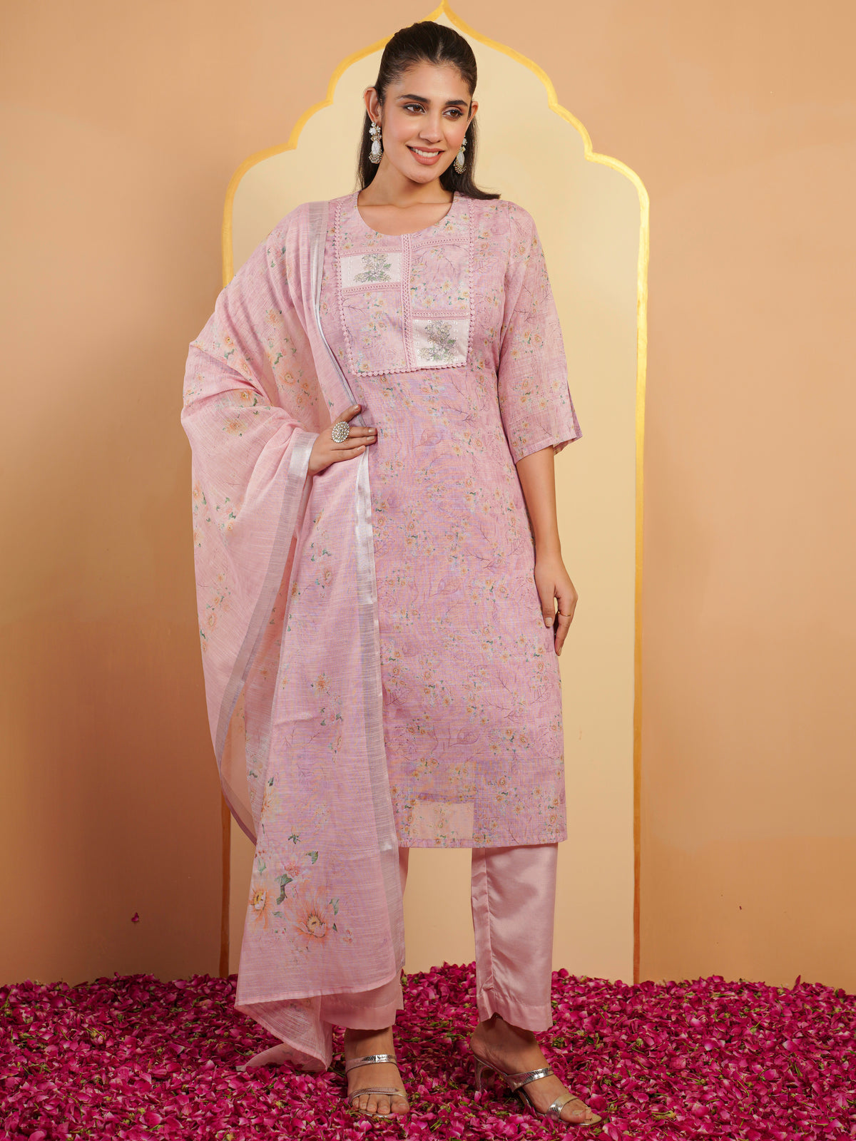 Chanderi Floral Baby Pink Dupatta