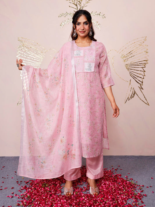 Chanderi Floral Baby Pink Dupatta