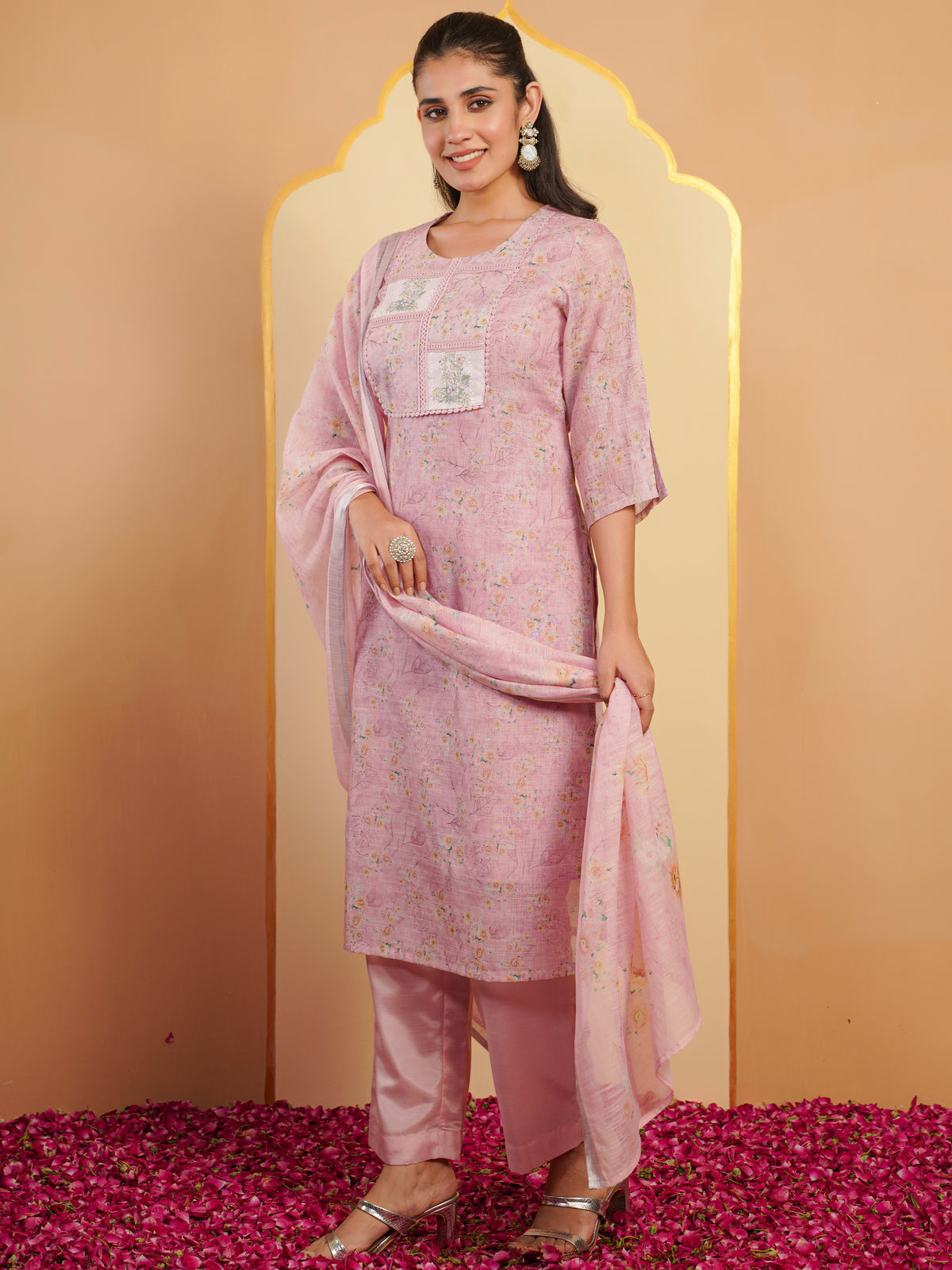Chanderi Floral Baby Pink Dupatta