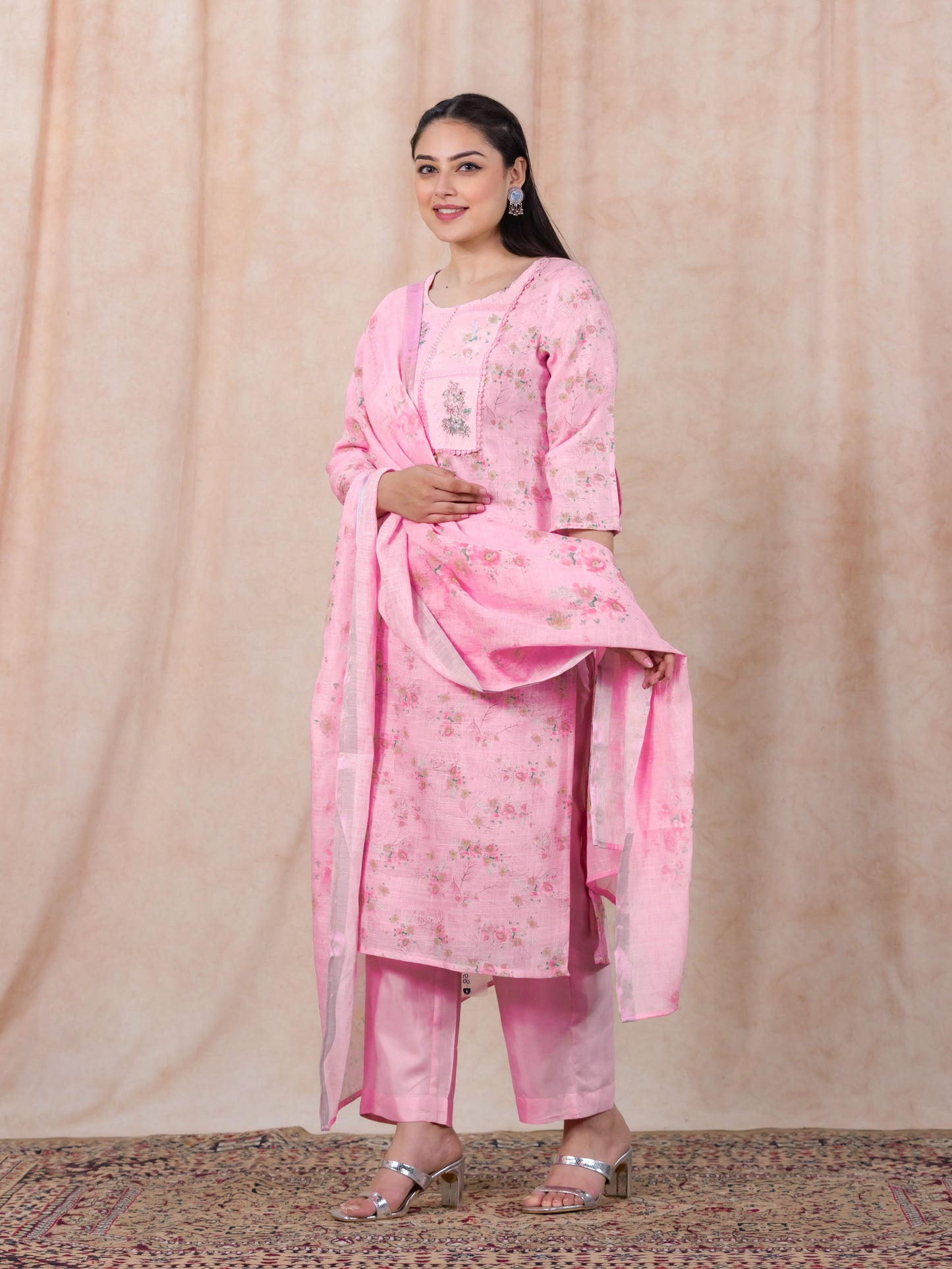 Chanderi Floral Straight Baby Pink Kurta