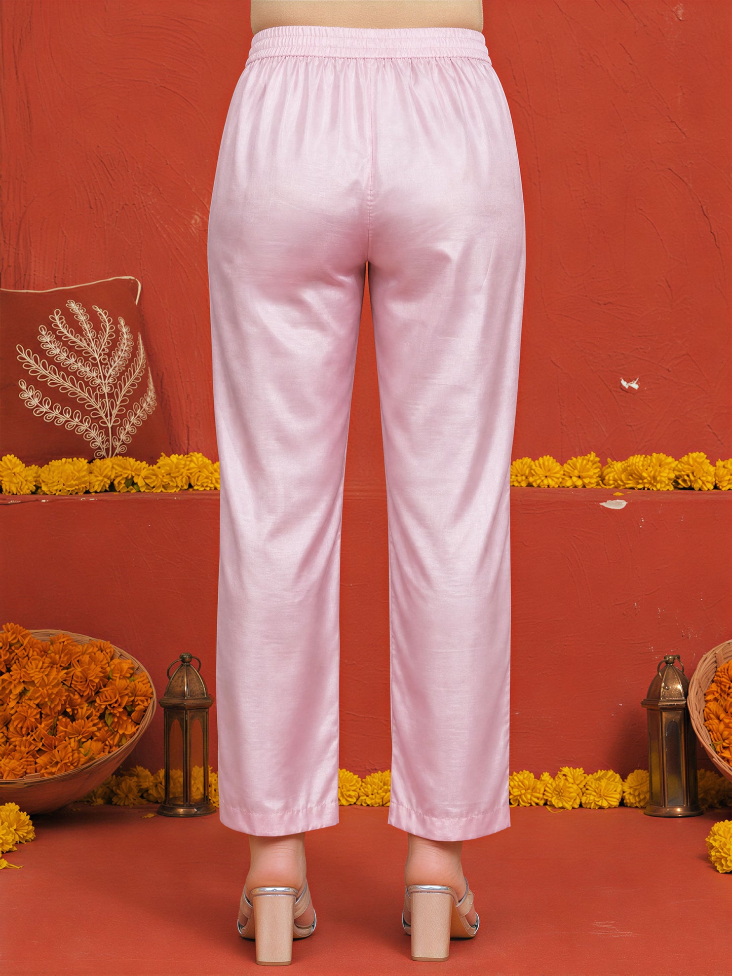 Blended Silk Solid Baby Pink Straight Trousers