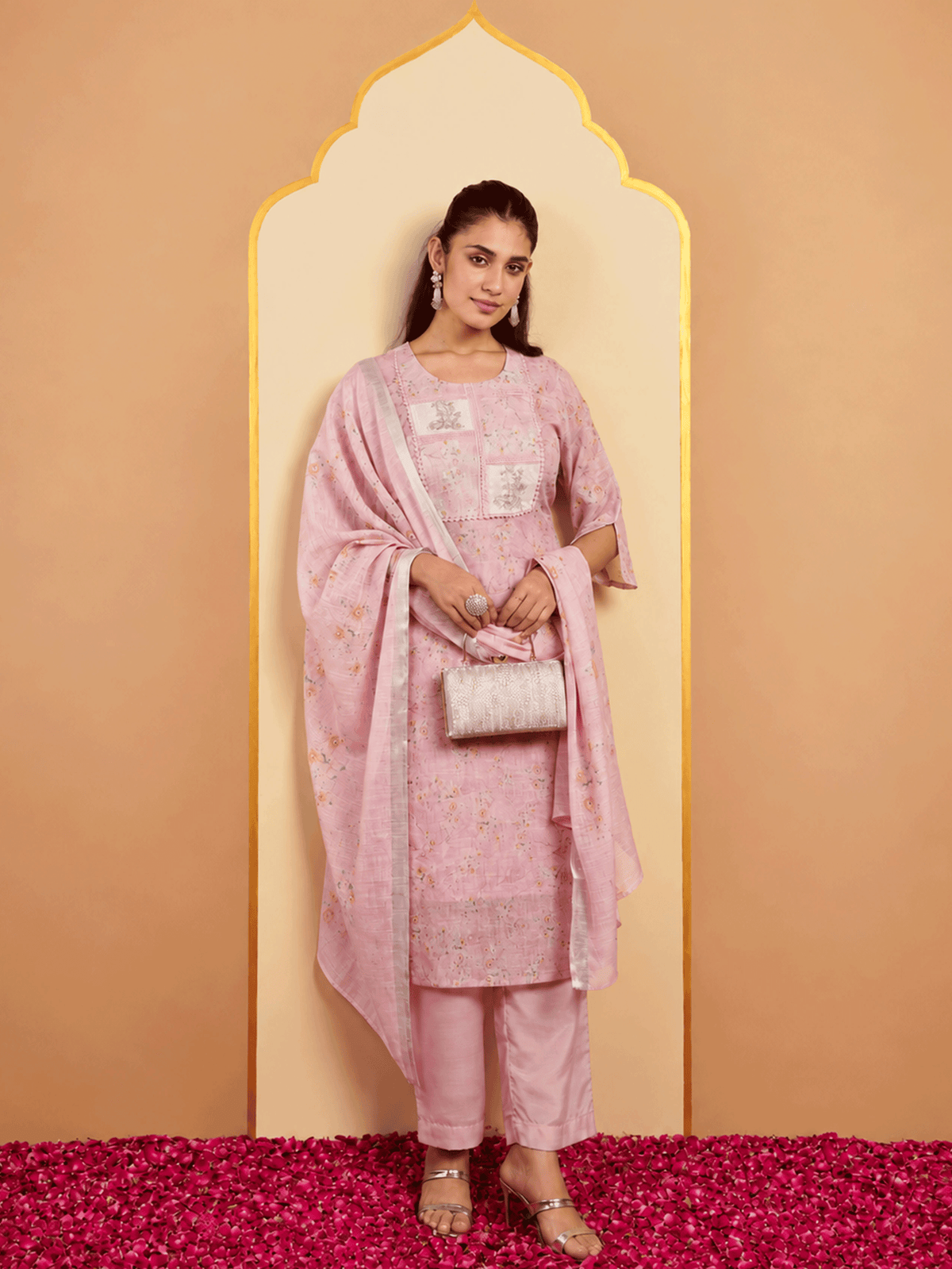 Chanderi Floral Straight Baby Pink Kurta