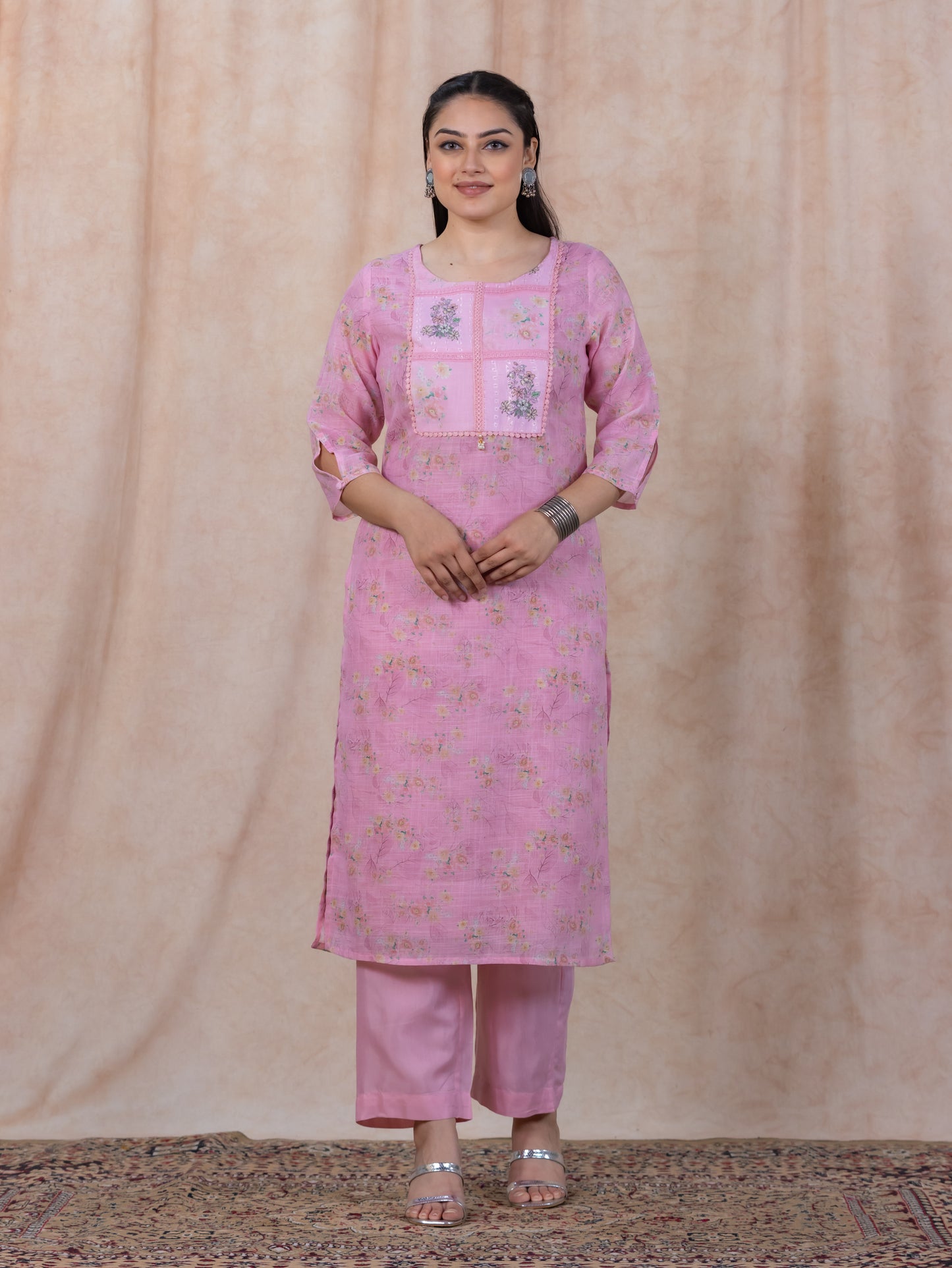 Chanderi Floral Straight Baby Pink Kurta
