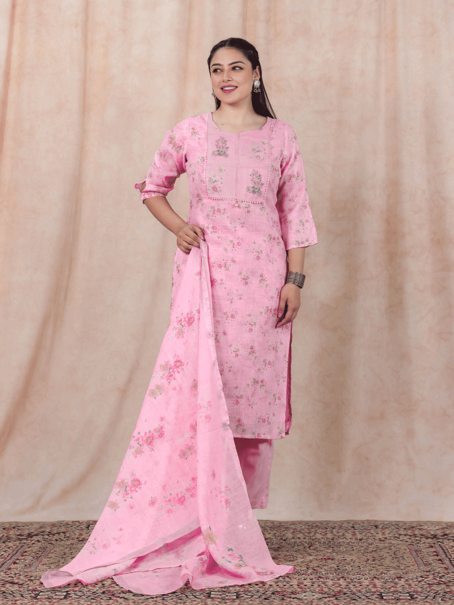 Chanderi Floral Straight Baby Pink Kurta