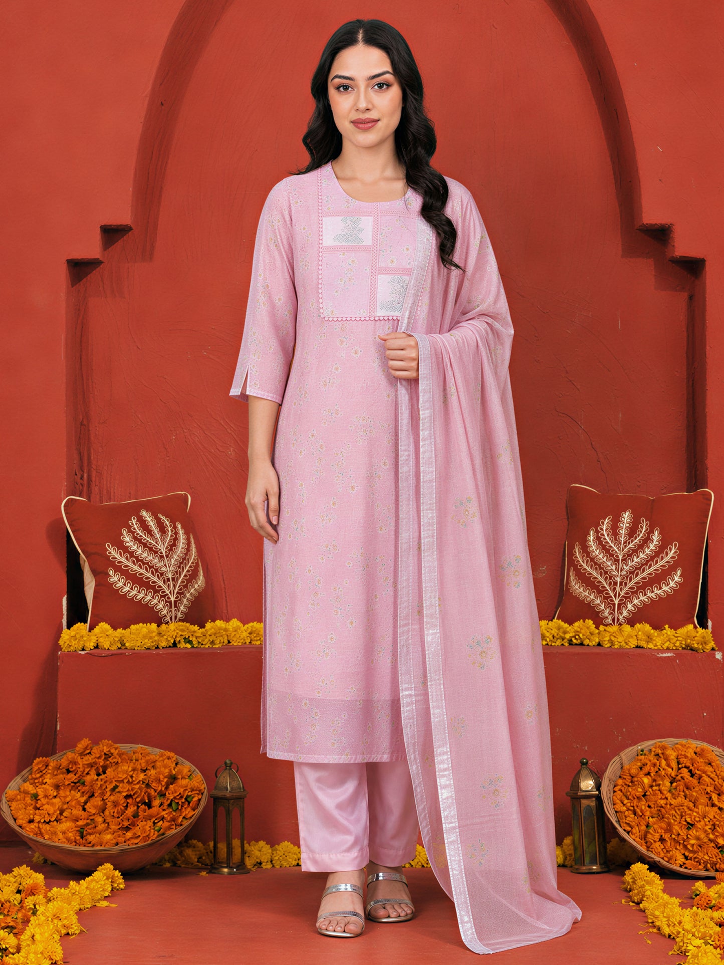 Chanderi Floral Baby Pink Dupatta