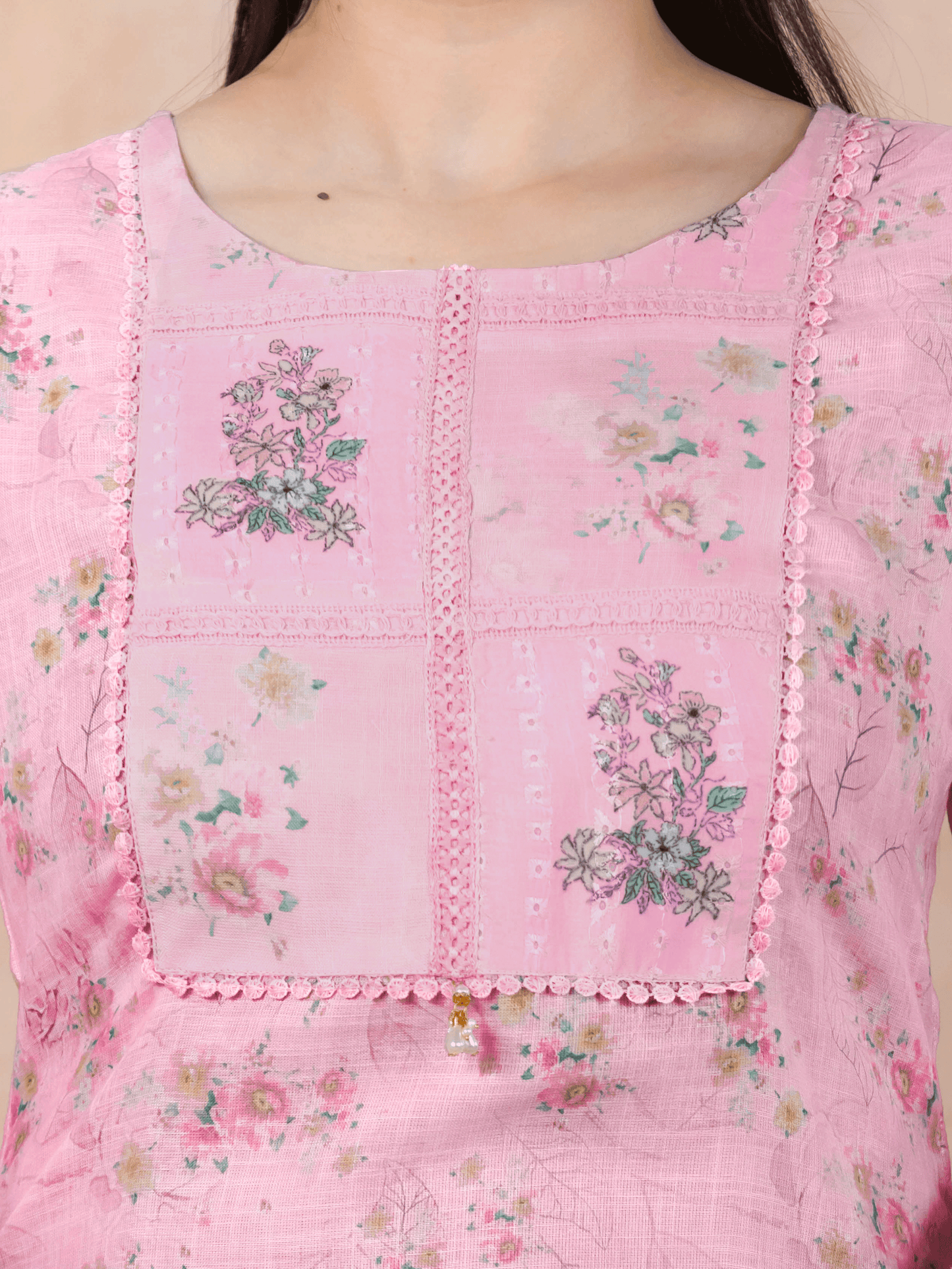Chanderi Floral Straight Baby Pink Kurta