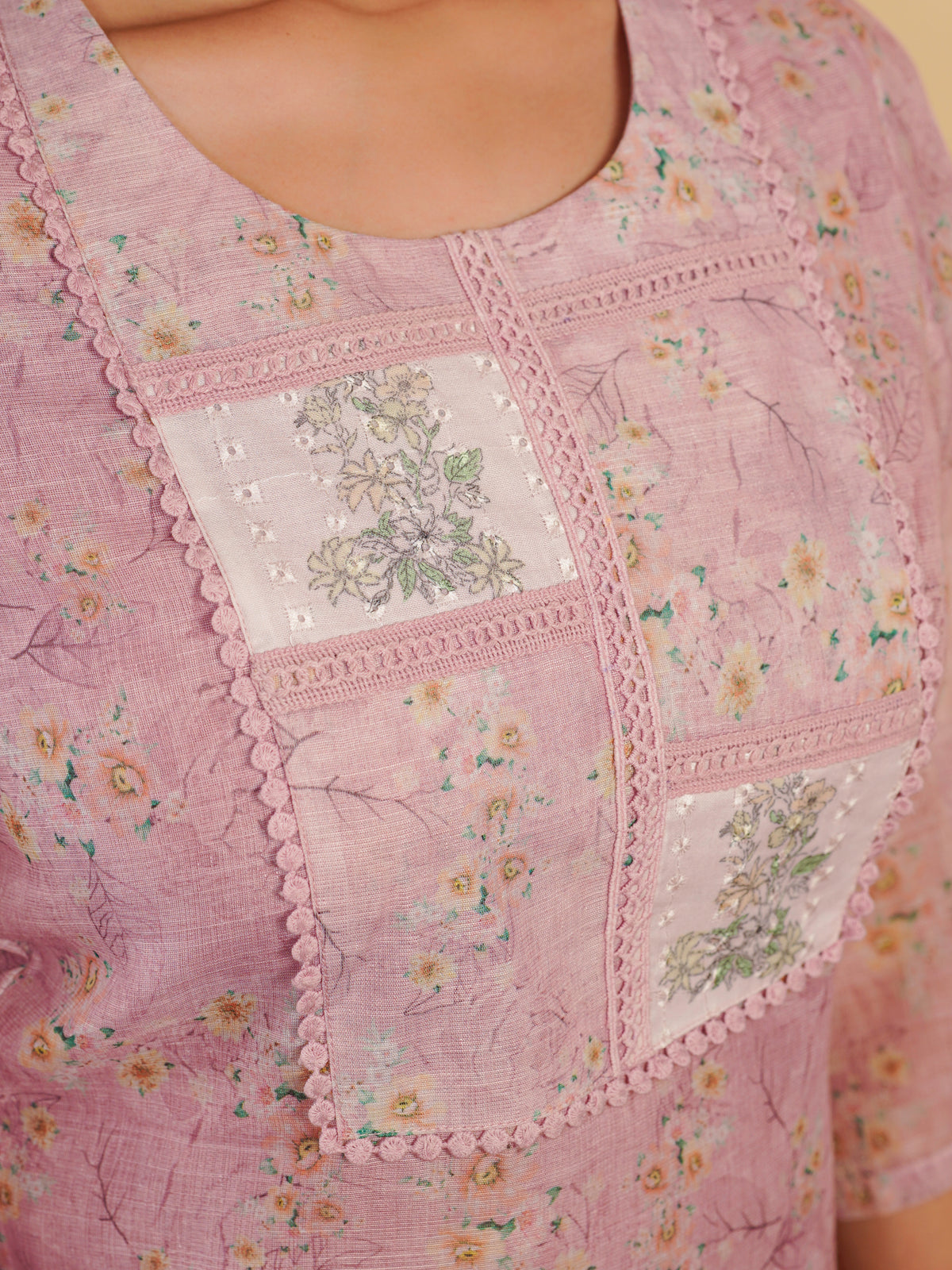 Chanderi Floral Straight Baby Pink Kurta