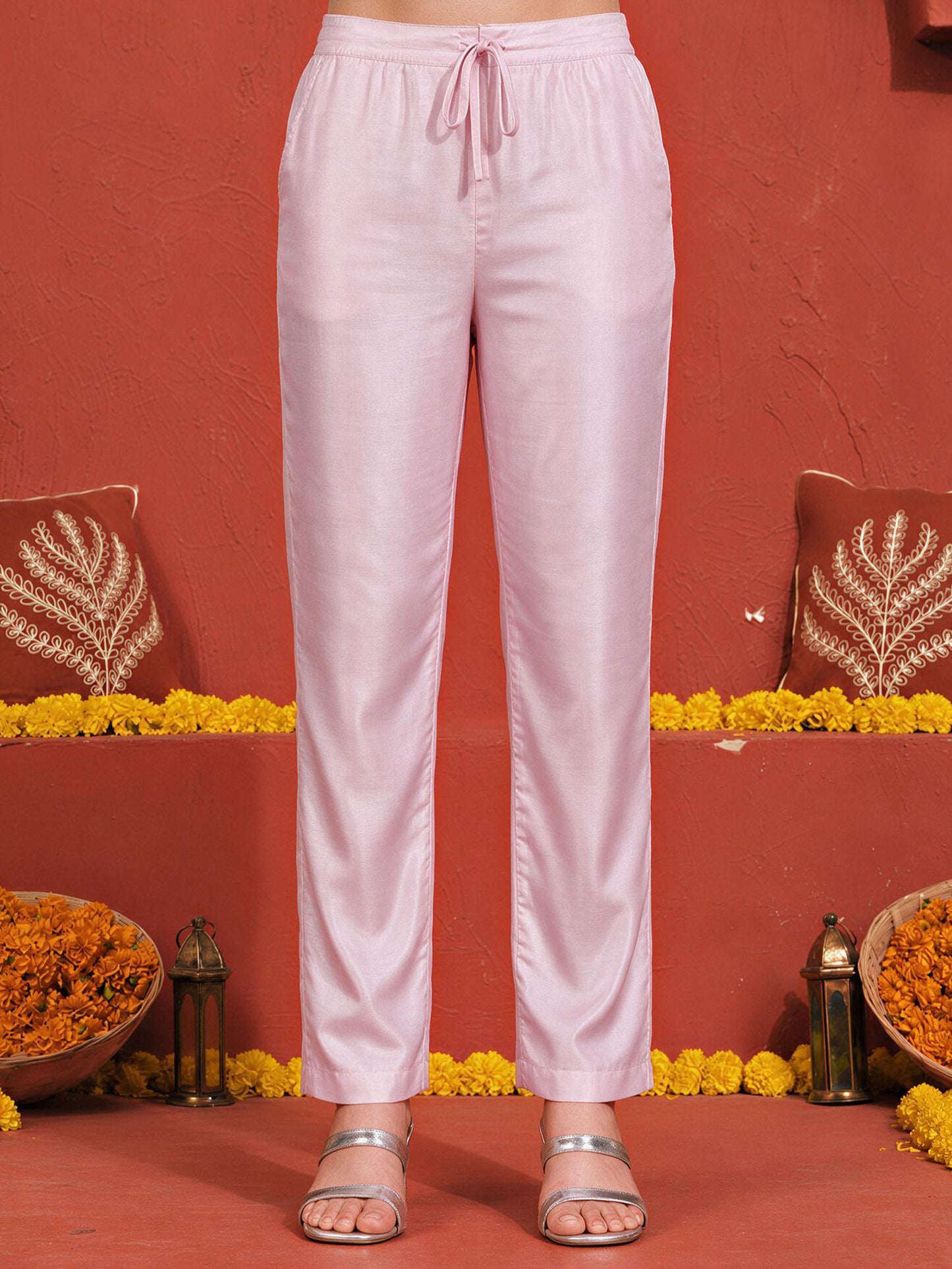 Blended Silk Solid Baby Pink Straight Trousers