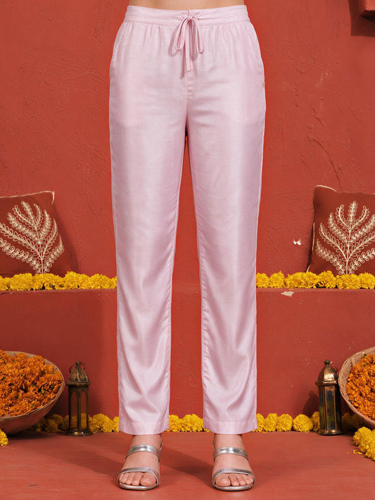 Blended Silk Solid Baby Pink Straight Trousers
