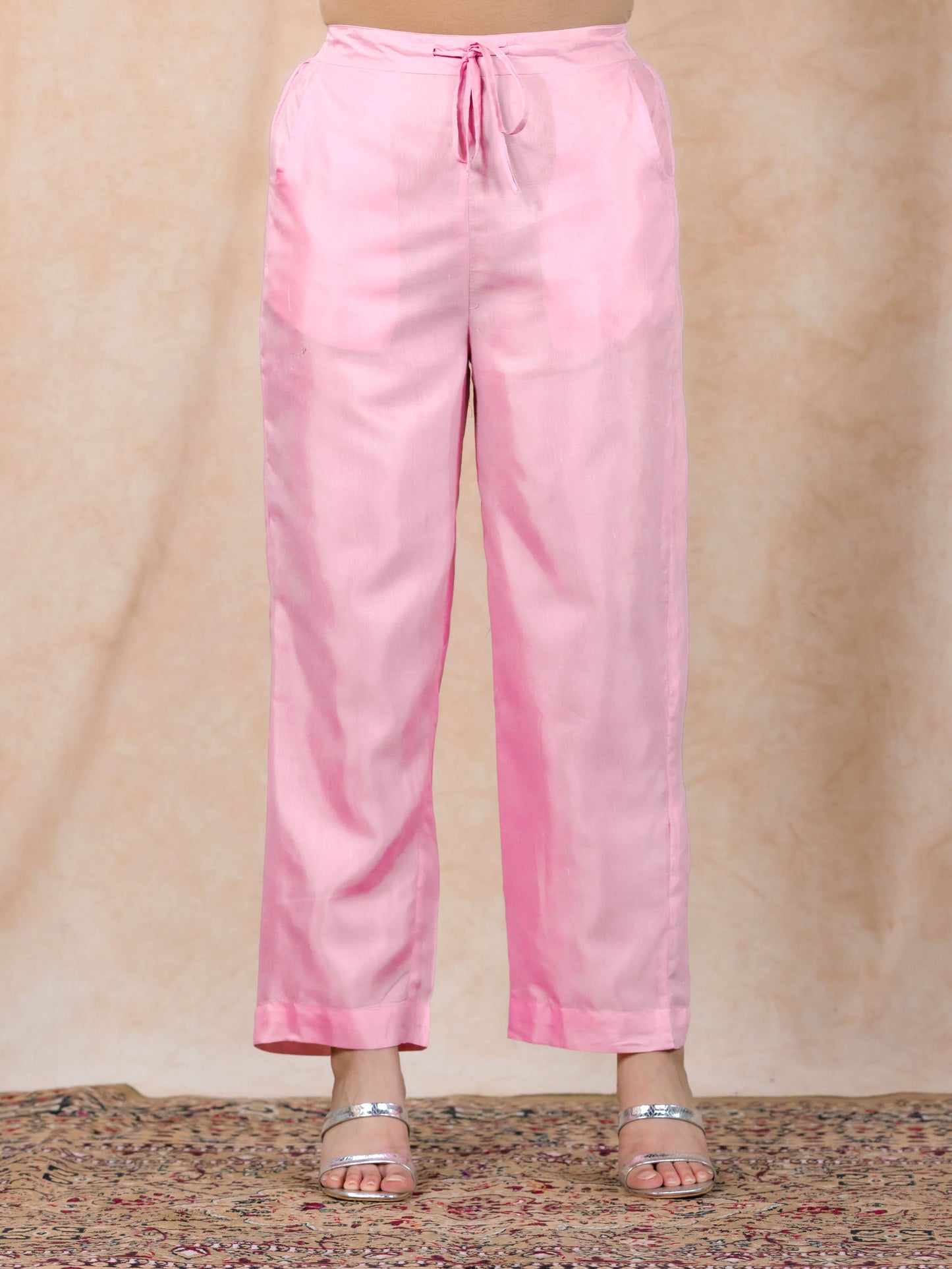 Chanderi Floral Straight Baby Pink Kurta