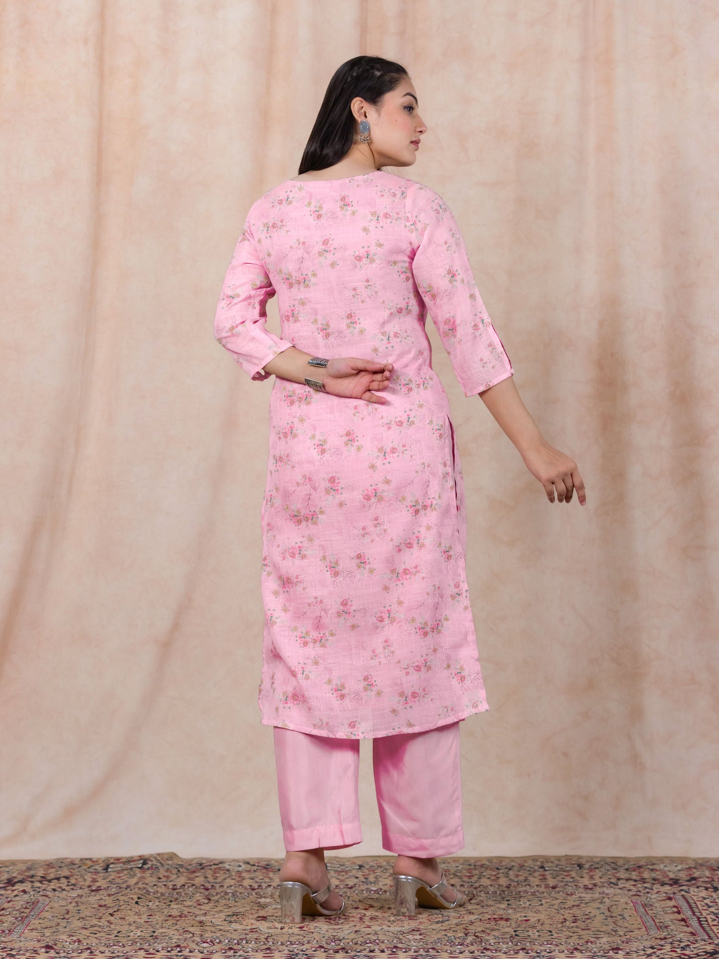 Chanderi Floral Straight Baby Pink Kurta