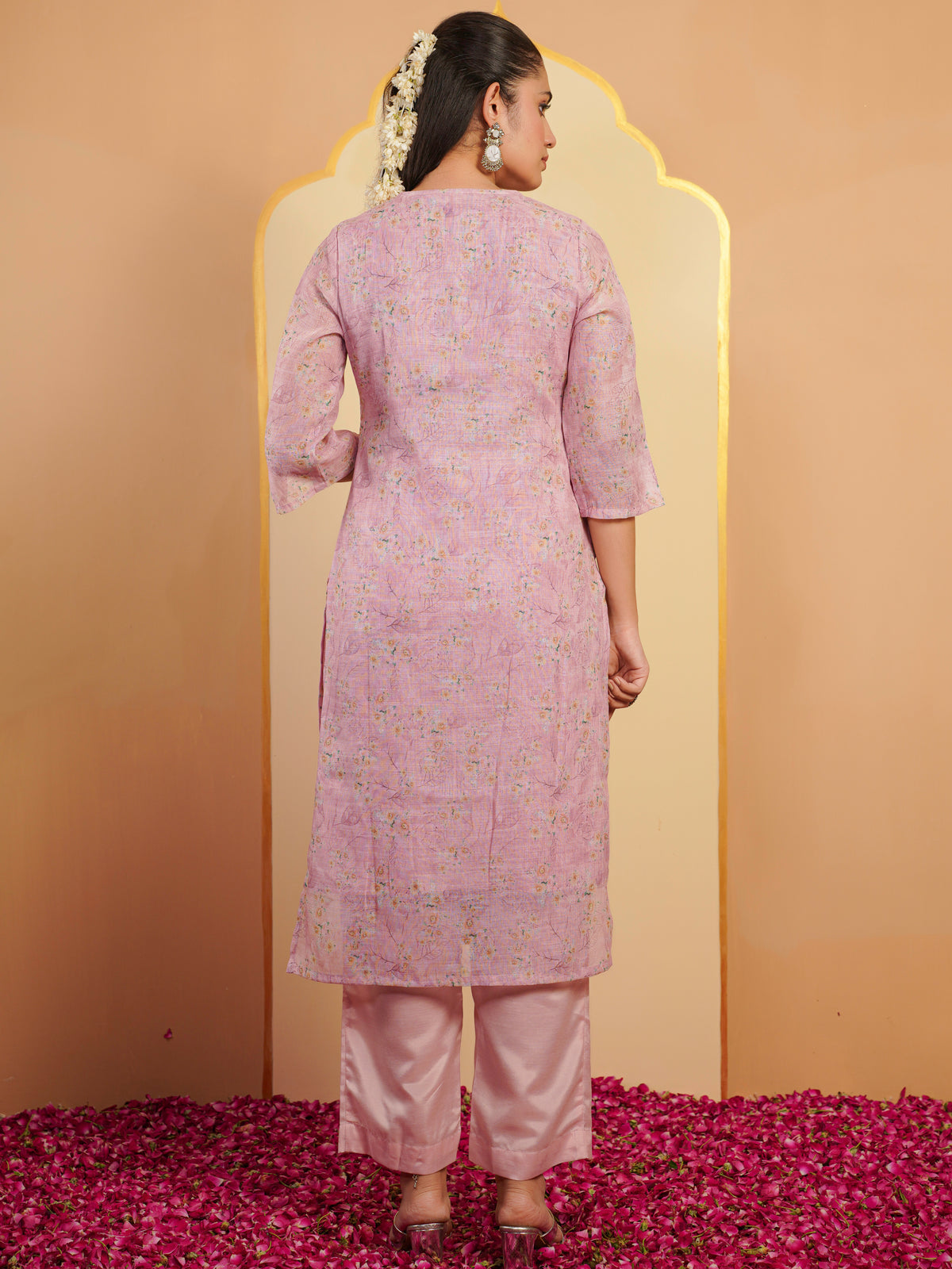 Chanderi Floral Straight Baby Pink Kurta