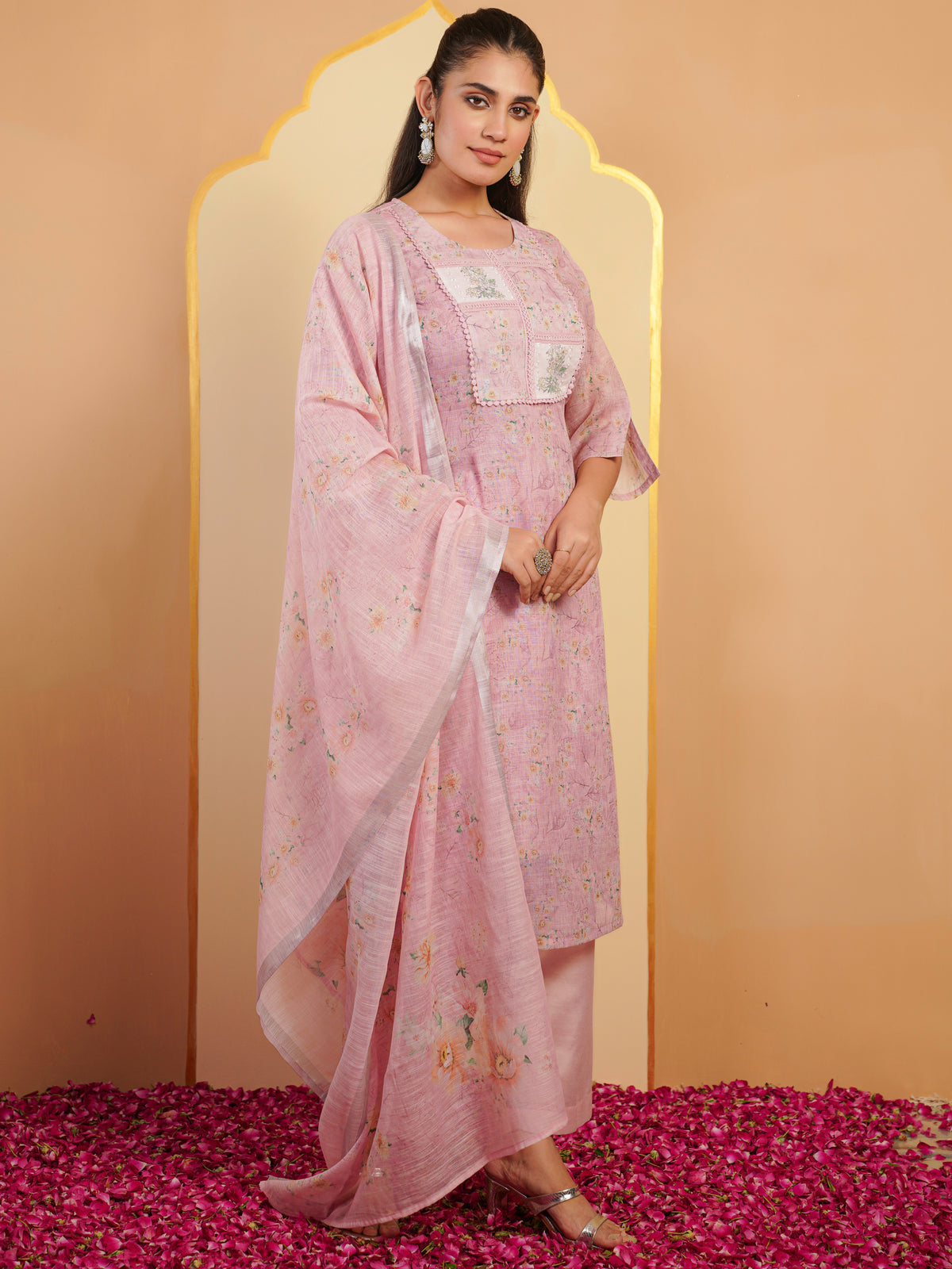 Chanderi Floral Straight Baby Pink Kurta