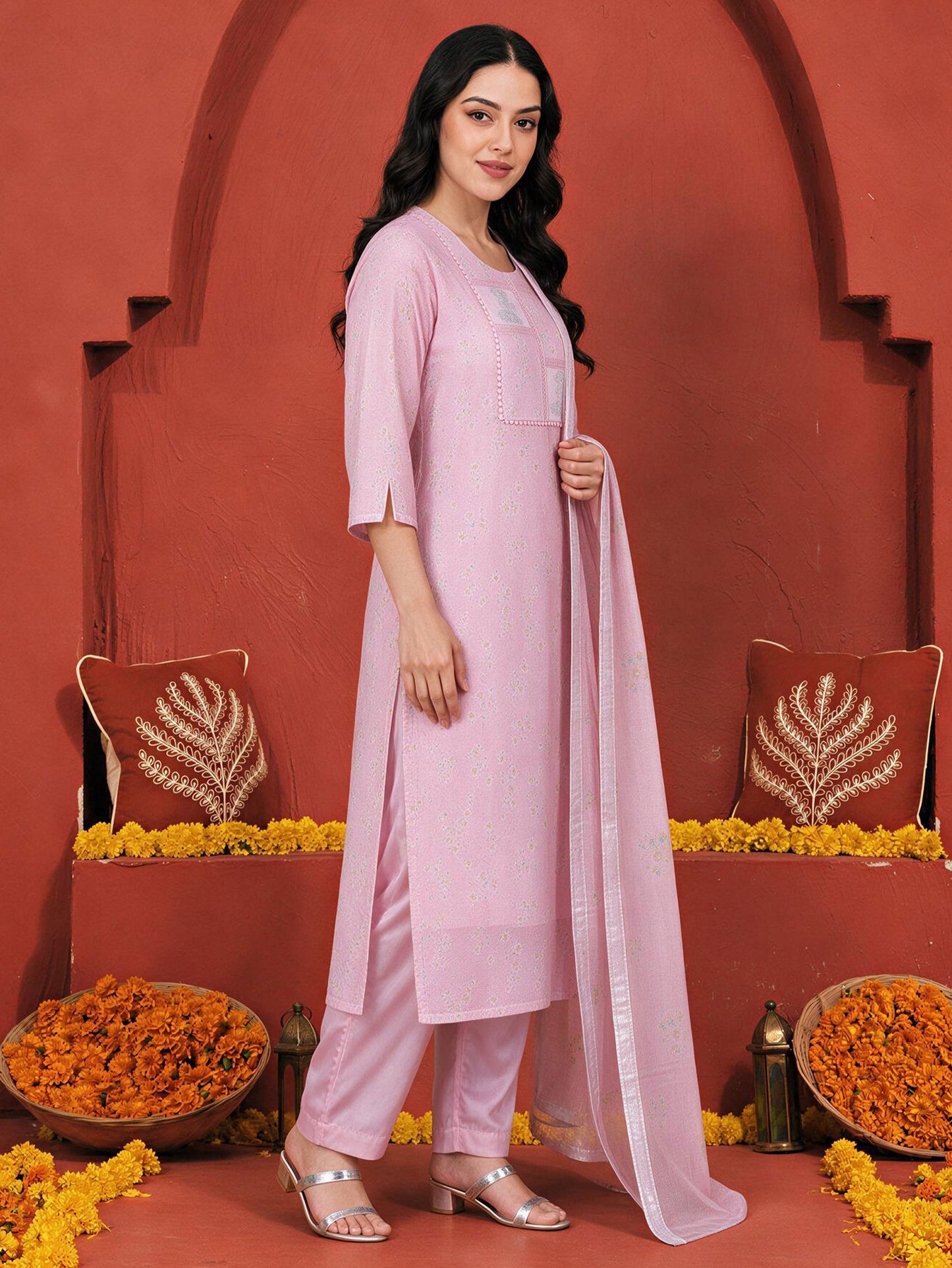 Chanderi Floral Baby Pink Dupatta
