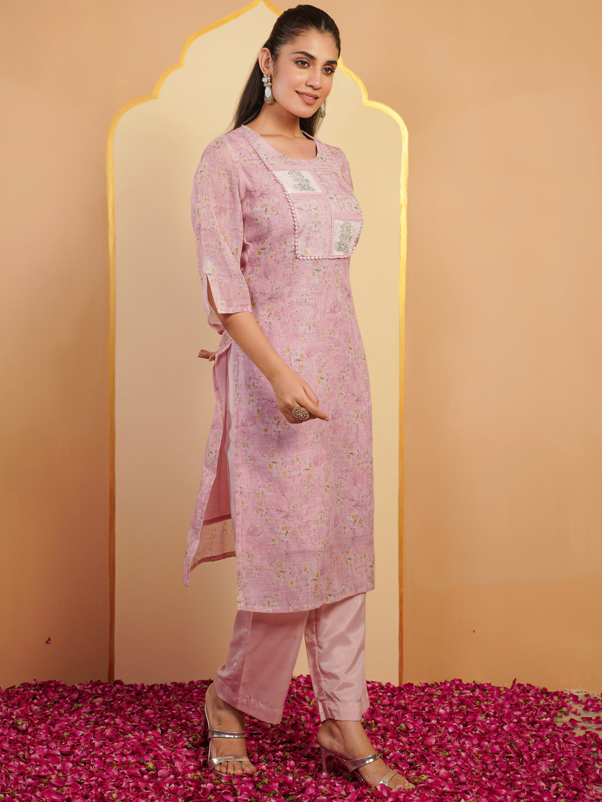 Chanderi Floral Straight Baby Pink Kurta
