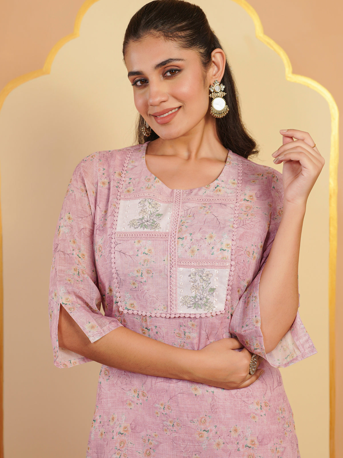 Chanderi Floral Straight Baby Pink Kurta