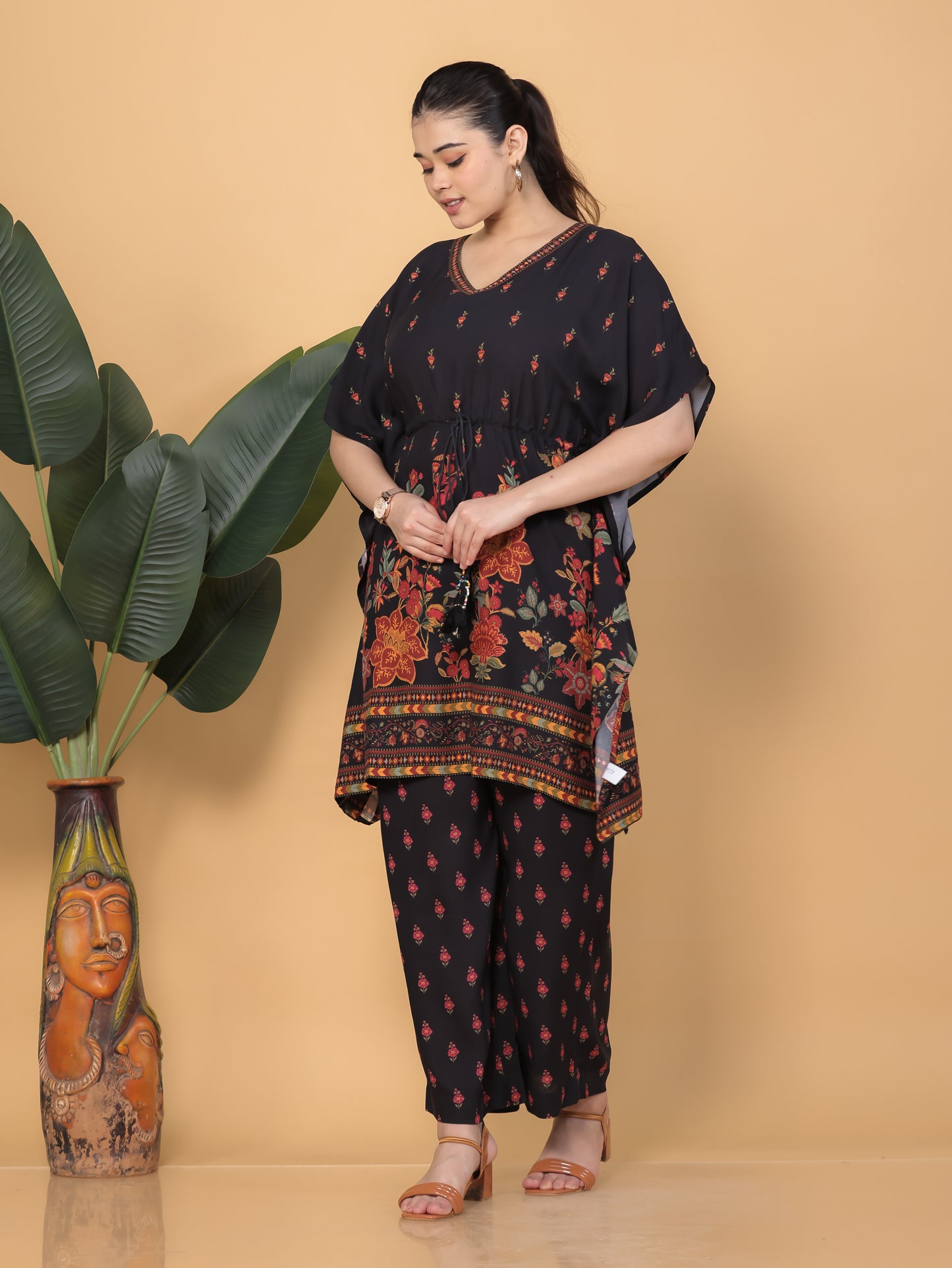 Viscose Floral Kaftan Black Kurta