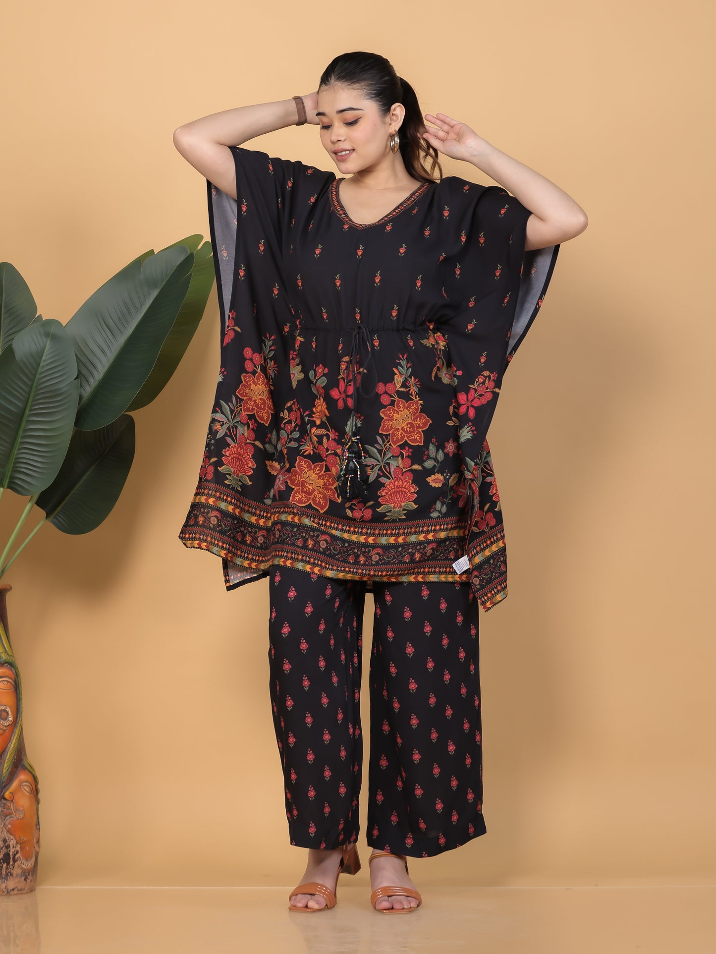 Viscose Floral Kaftan Black Kurta