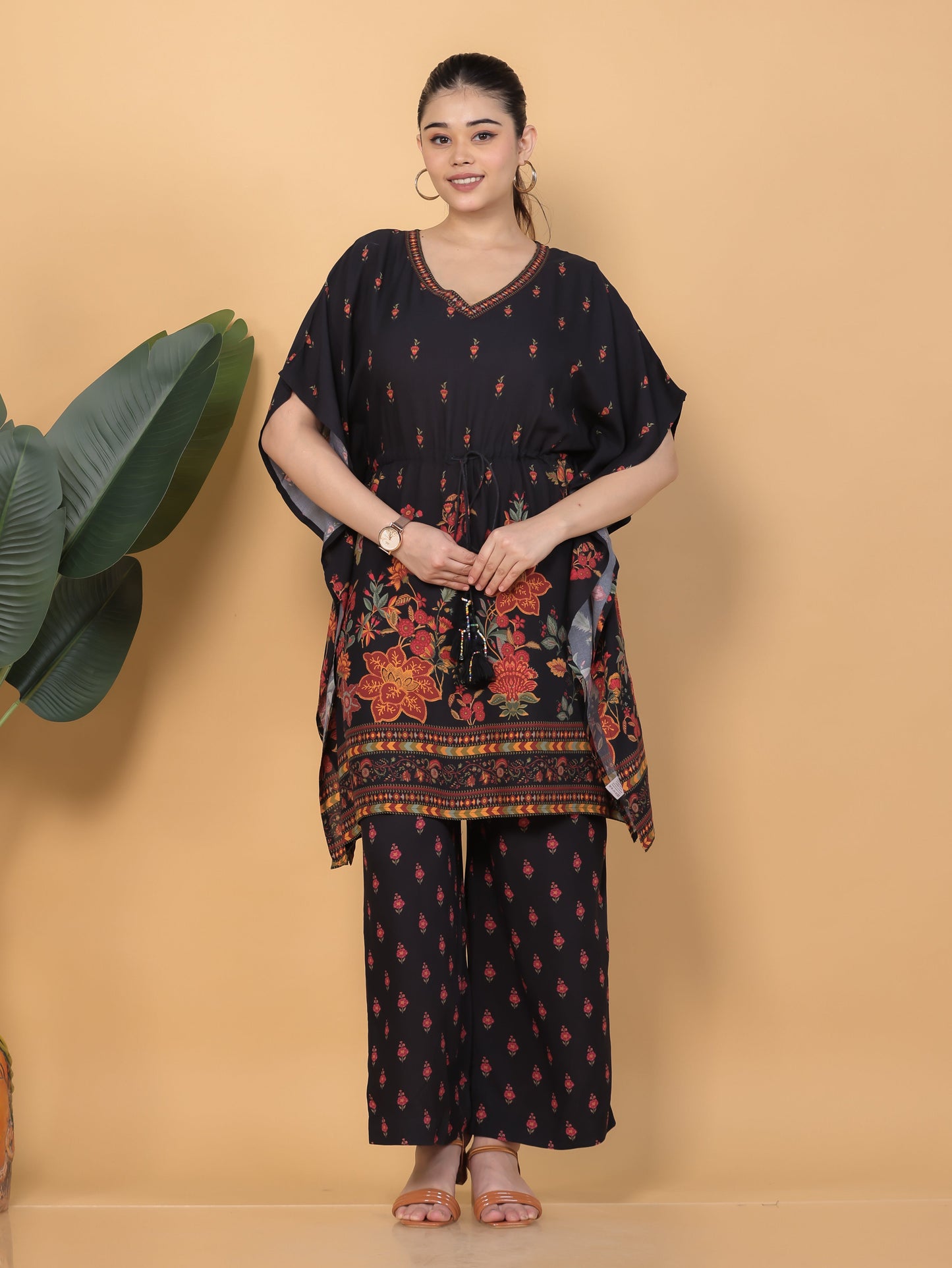Viscose Floral Kaftan Black Kurta