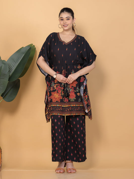 Viscose Floral Kaftan Black Kurta