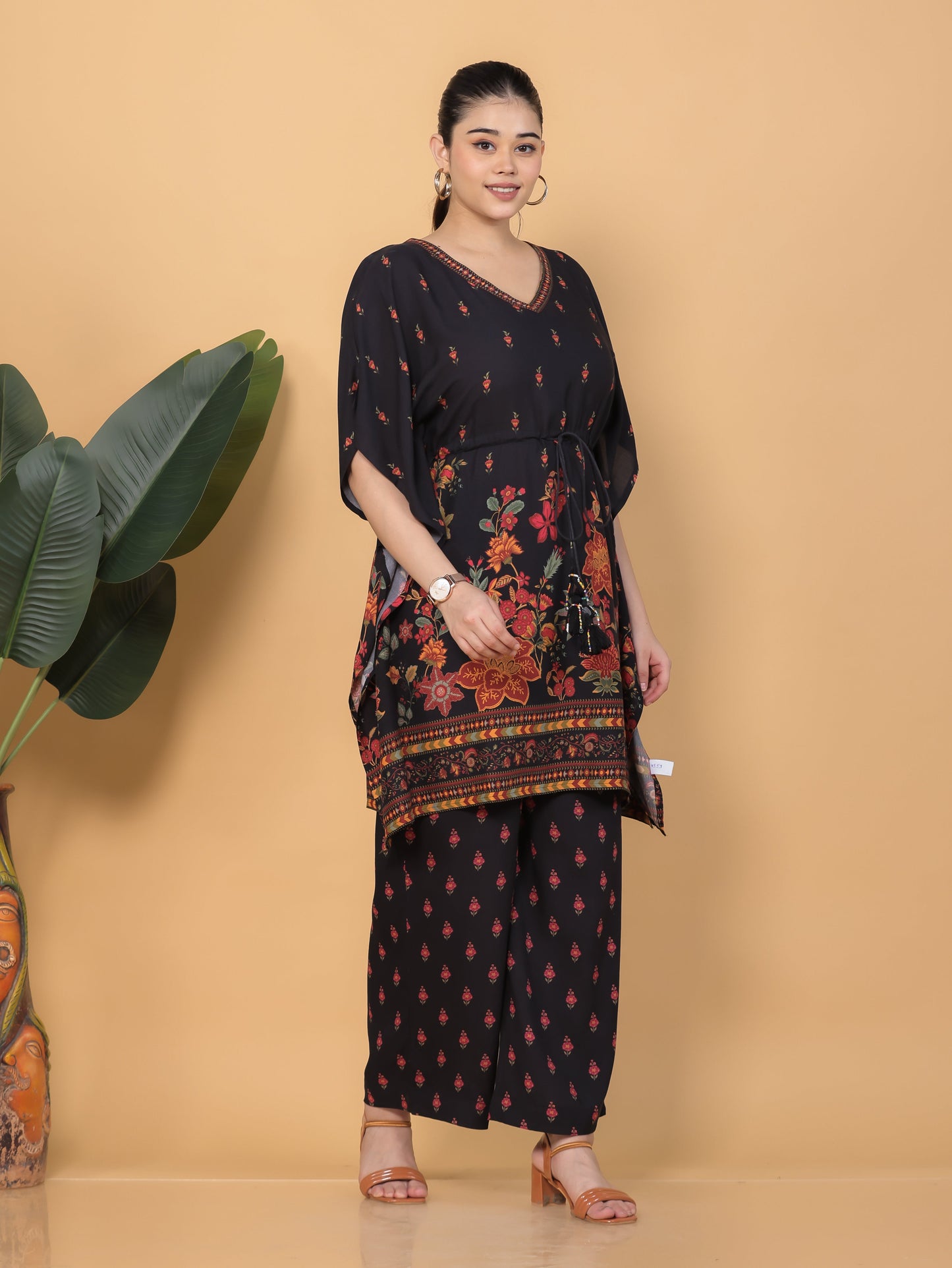 Viscose Floral Kaftan Black Kurta