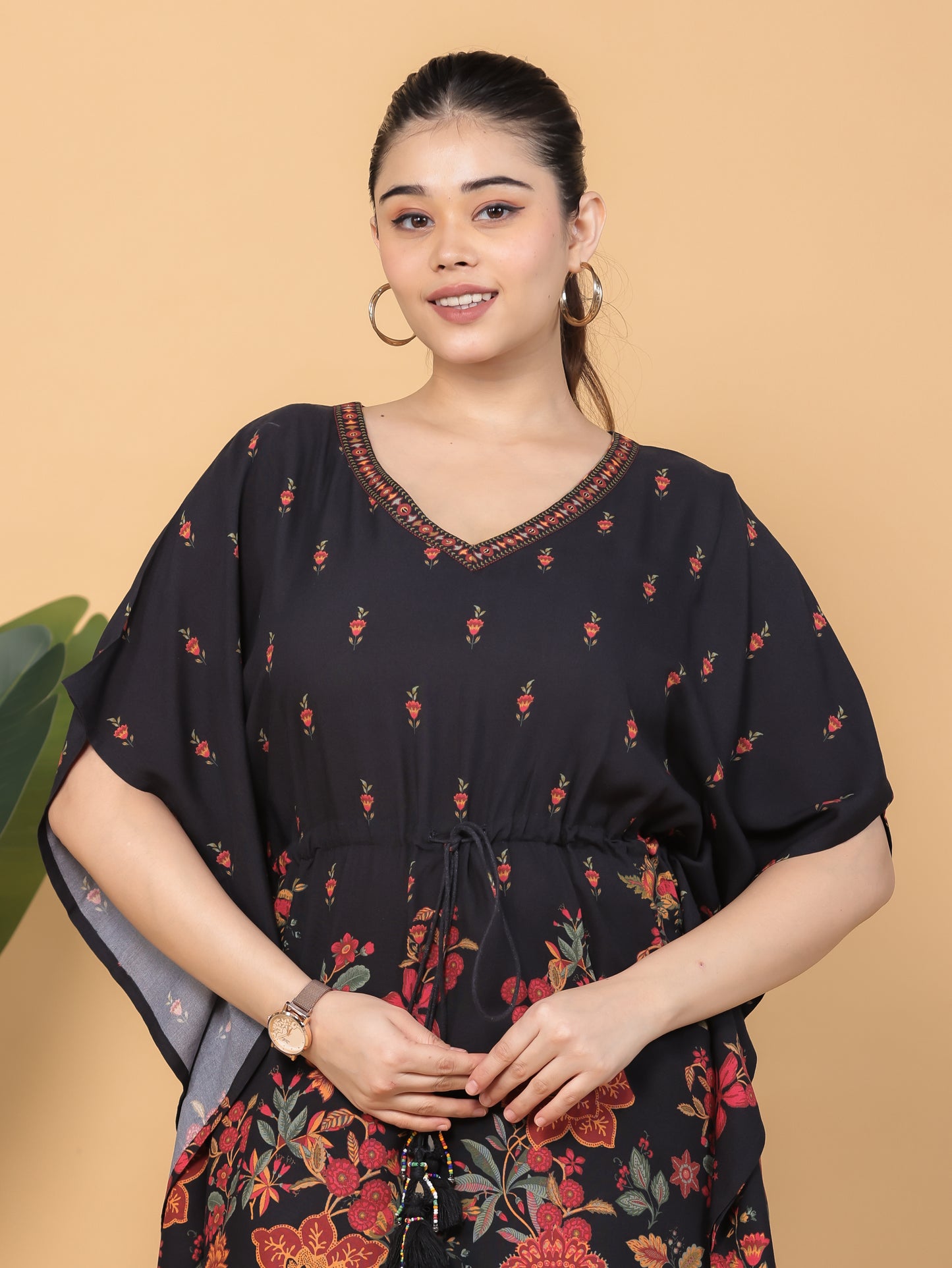 Viscose Floral Kaftan Black Kurta