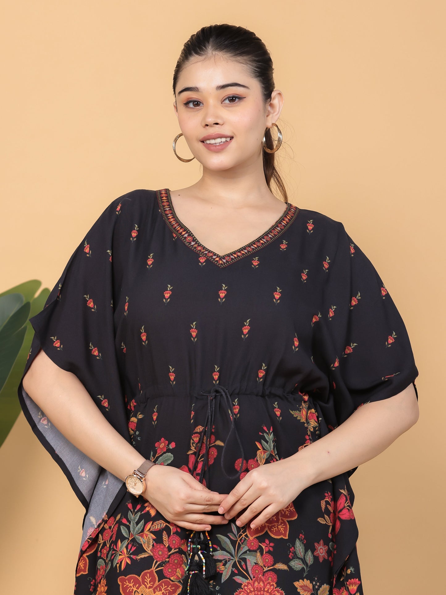 Viscose Floral Kaftan Black Kurta